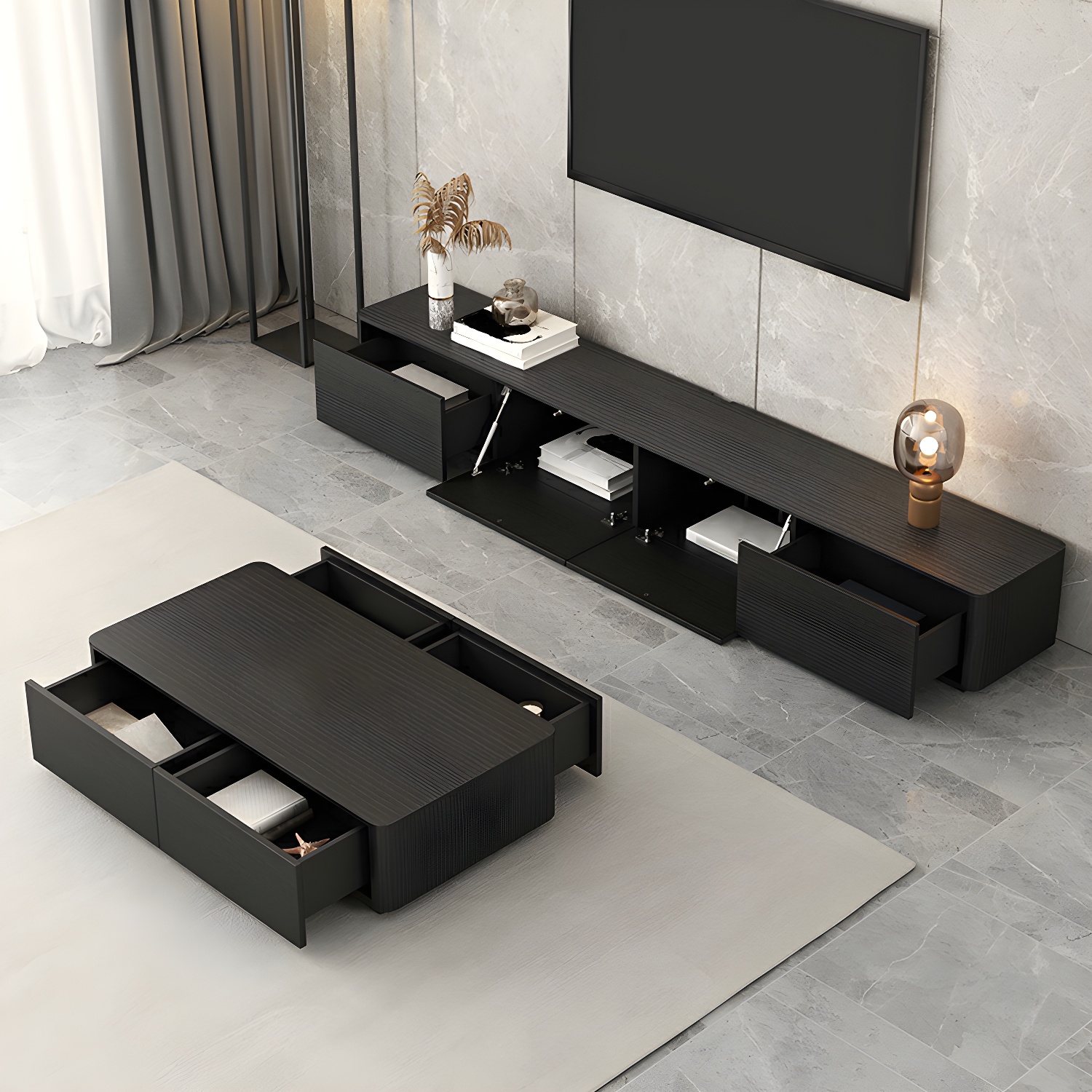 Black Wood TV Stand with Drawers and Cable Management – Modern Style and Low Height - image 3