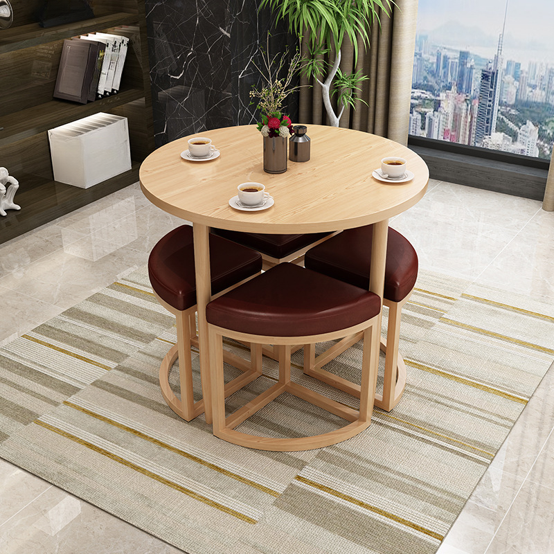Reclaimed Wood Round Dining Table Set with Metal Toboggan Base and Upholstered Backless Chairs for 4 People - image 15
