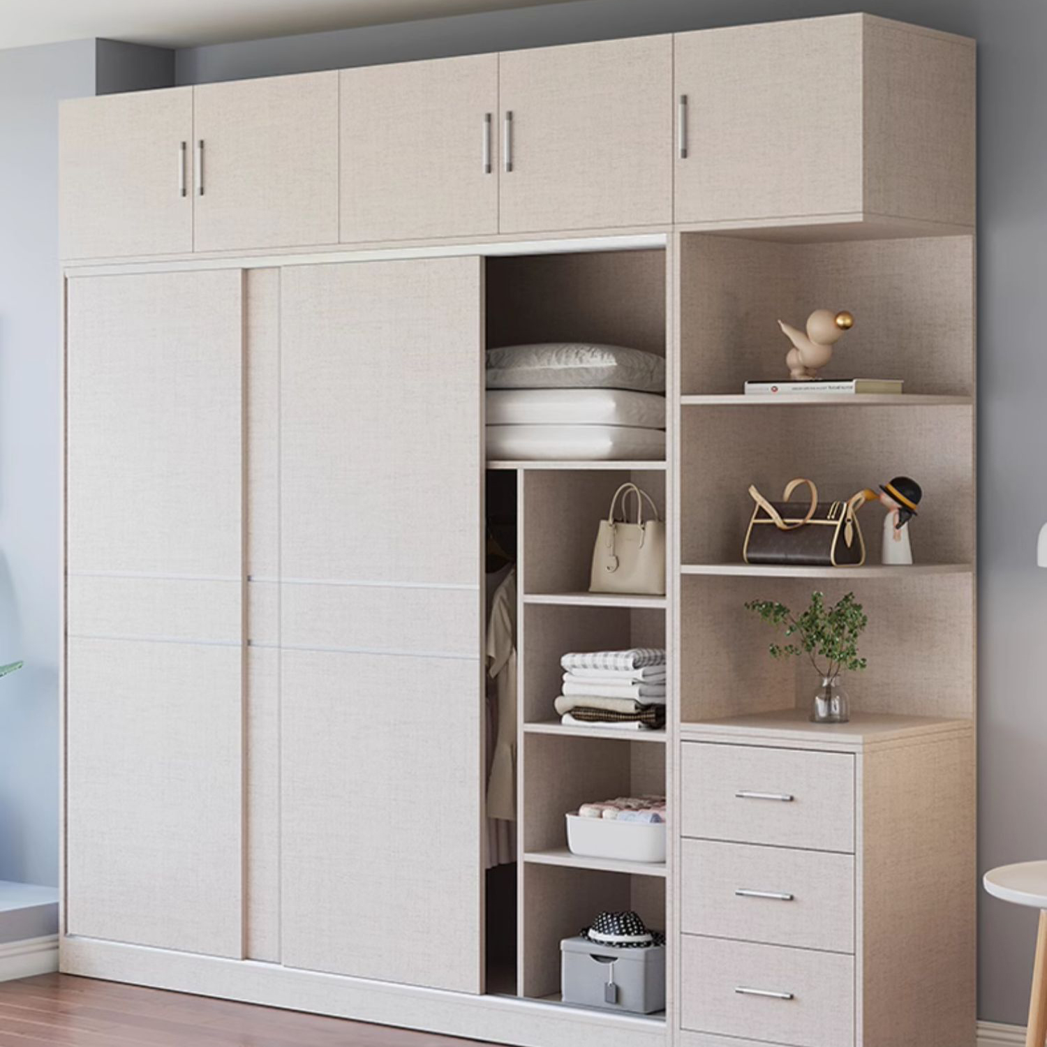 Fashionable Sliding Door Storage Wood Wardrobe with Metal Clothing Rod and Shelves in White Color - image 4