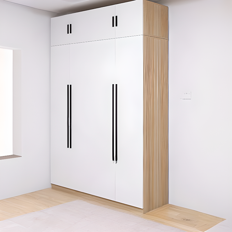 Natural Finish Modish Composite Wood Wardrobe with Soft Close Drawer, Soft Close Door, Interior Shelves, and Hanging Rod