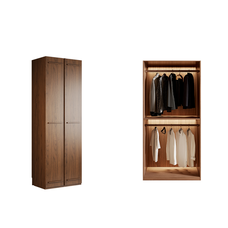 Modern Natural Wood Standalone Almirah with Soft Close Drawer and Door, Interior Shelves, and Hanging Rod