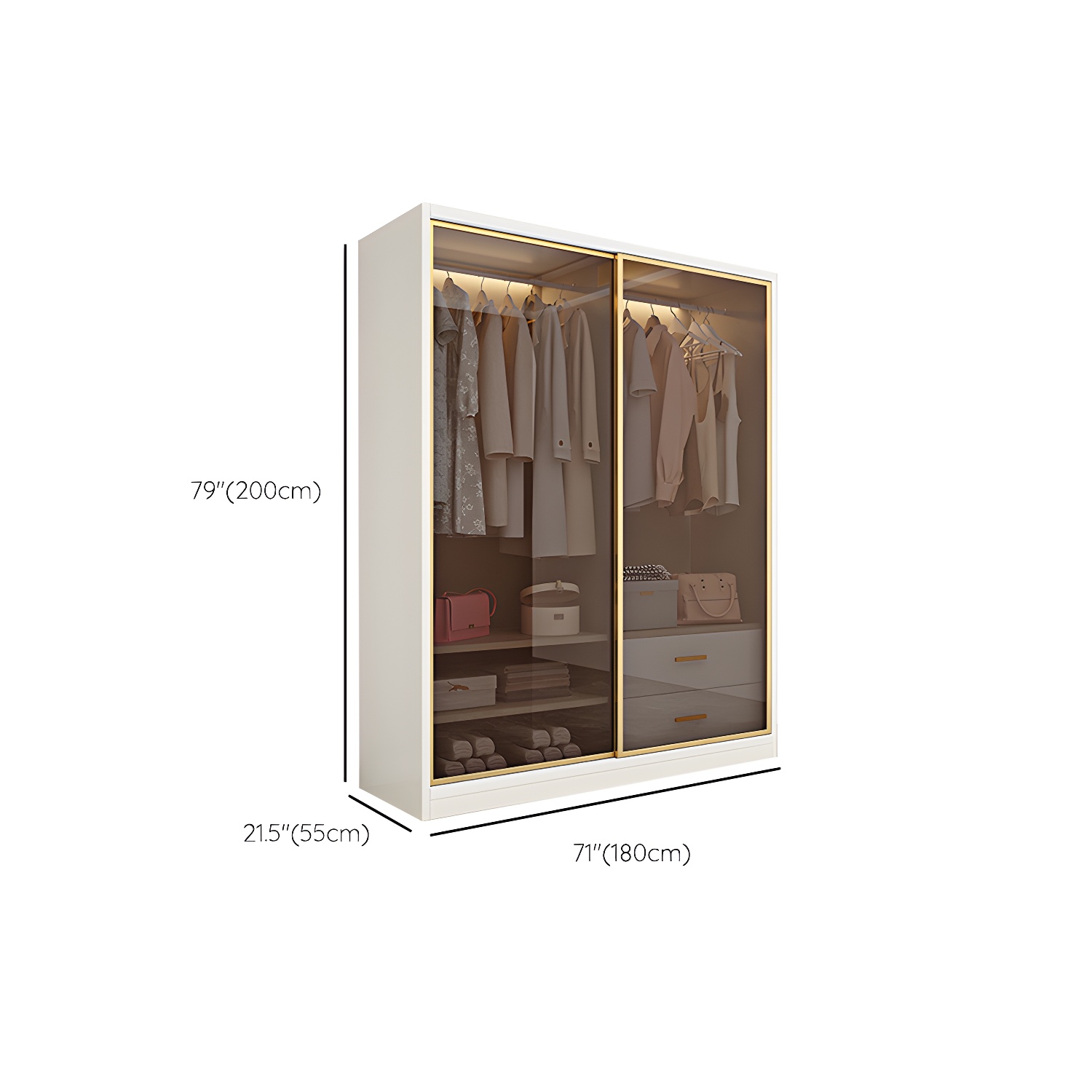 Modern White Wood Frame Wardrobe Freestanding Wardrobe with Sliding Glass Doors - image 13