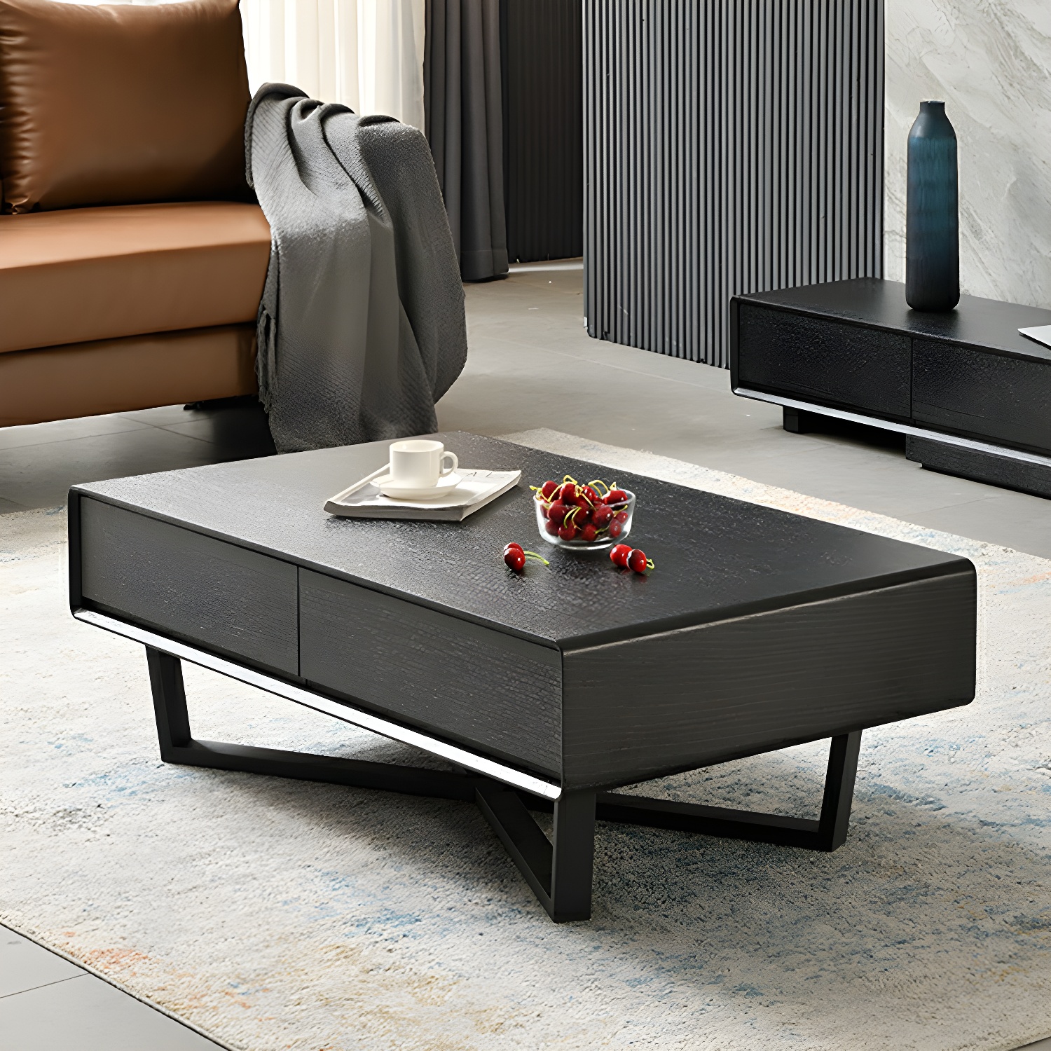 Rectangular Wood Modern Coffee Table with Black Metal Cross Legs and Storage Drawers - image 15