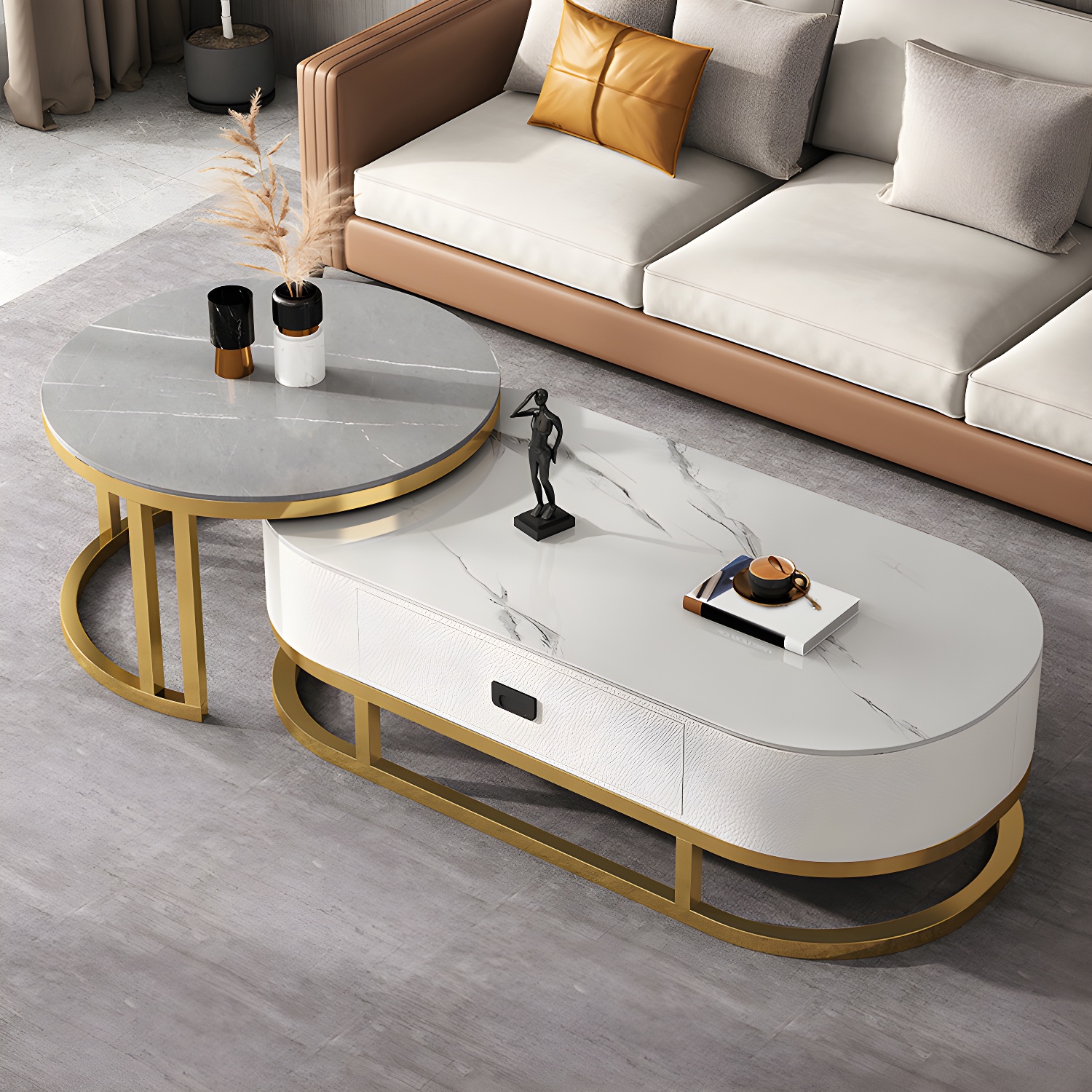 Slate Coffee Table Oval Nesting Coffee Table Set with Metal Legs - image 8