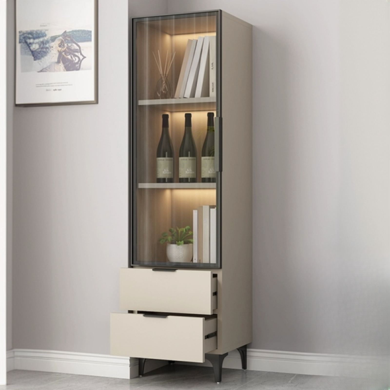 Rectangle Utility Cabinet with Locker, Glass Door, Pull Bars, White/Espresso/Off White Top, Soft Close Drawer, and Light - image 4