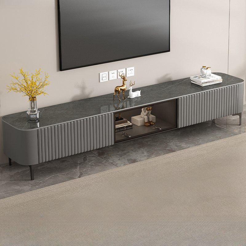 Simplistic Rectangular Vitreous TV Stand with Locker, Cable Management & 2 Drawers