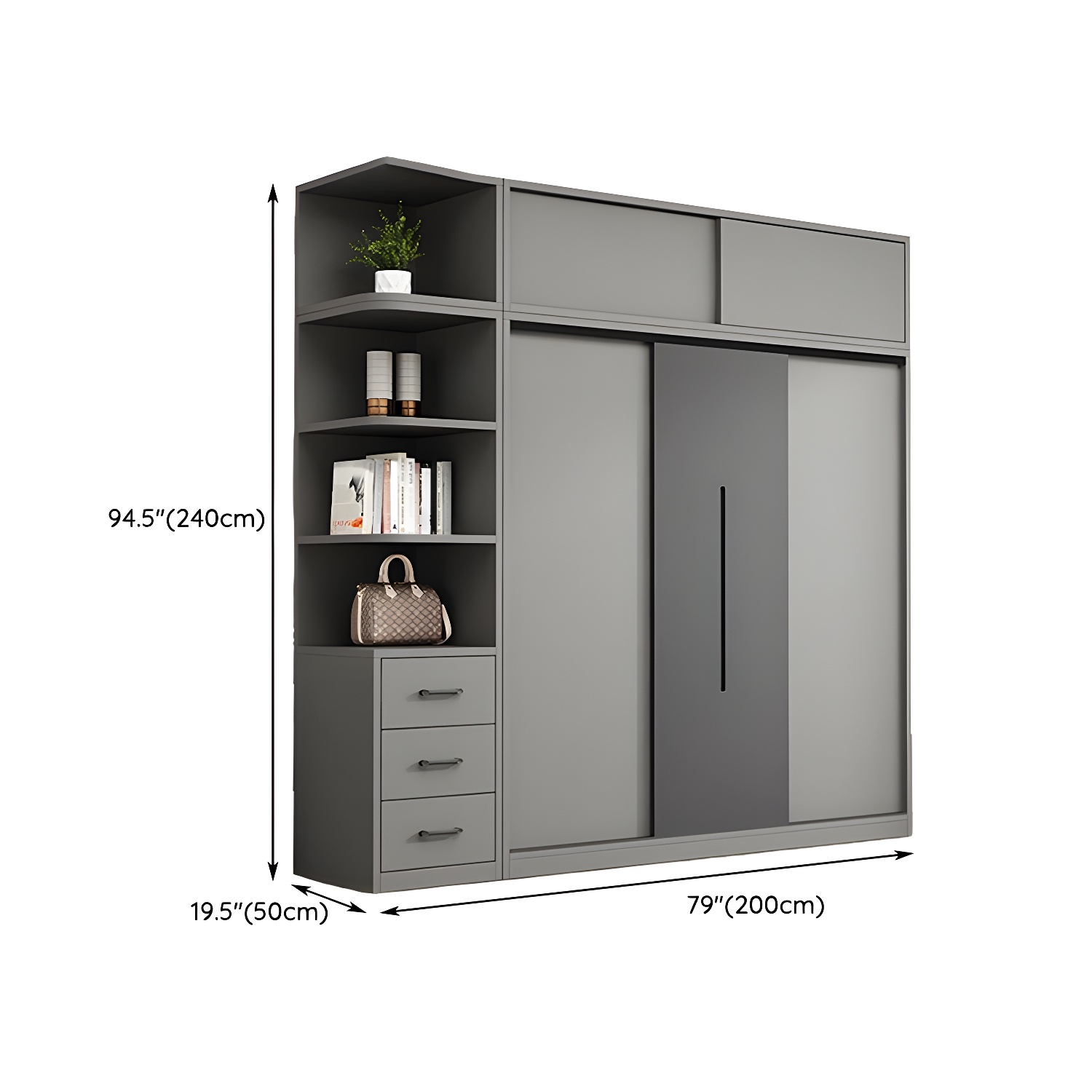 Contemporary Wood Grey Cloth Rod Included Wardrobe with Shelves - image 30