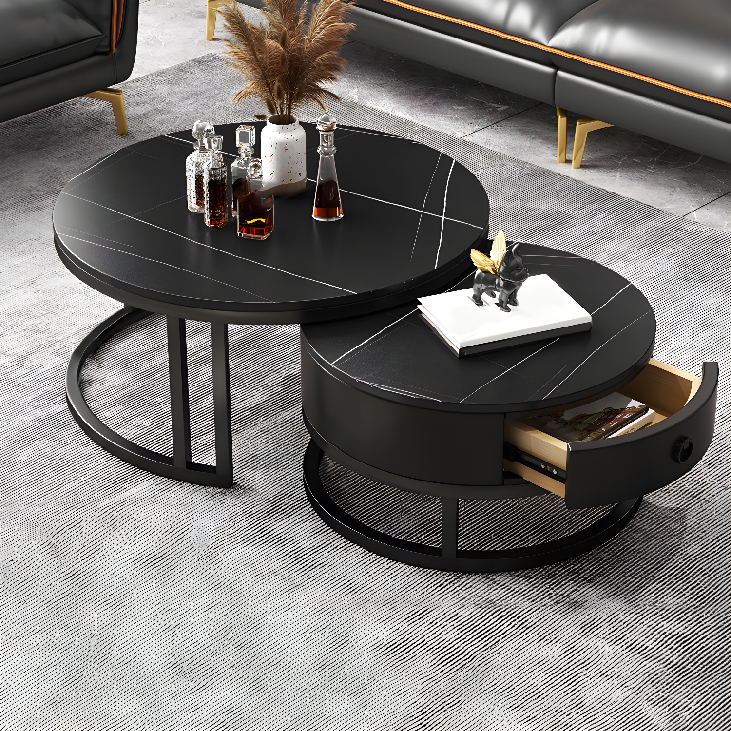 Modern Nesting Coffee Table Set Frame Round Coffee Table Set with Drawer