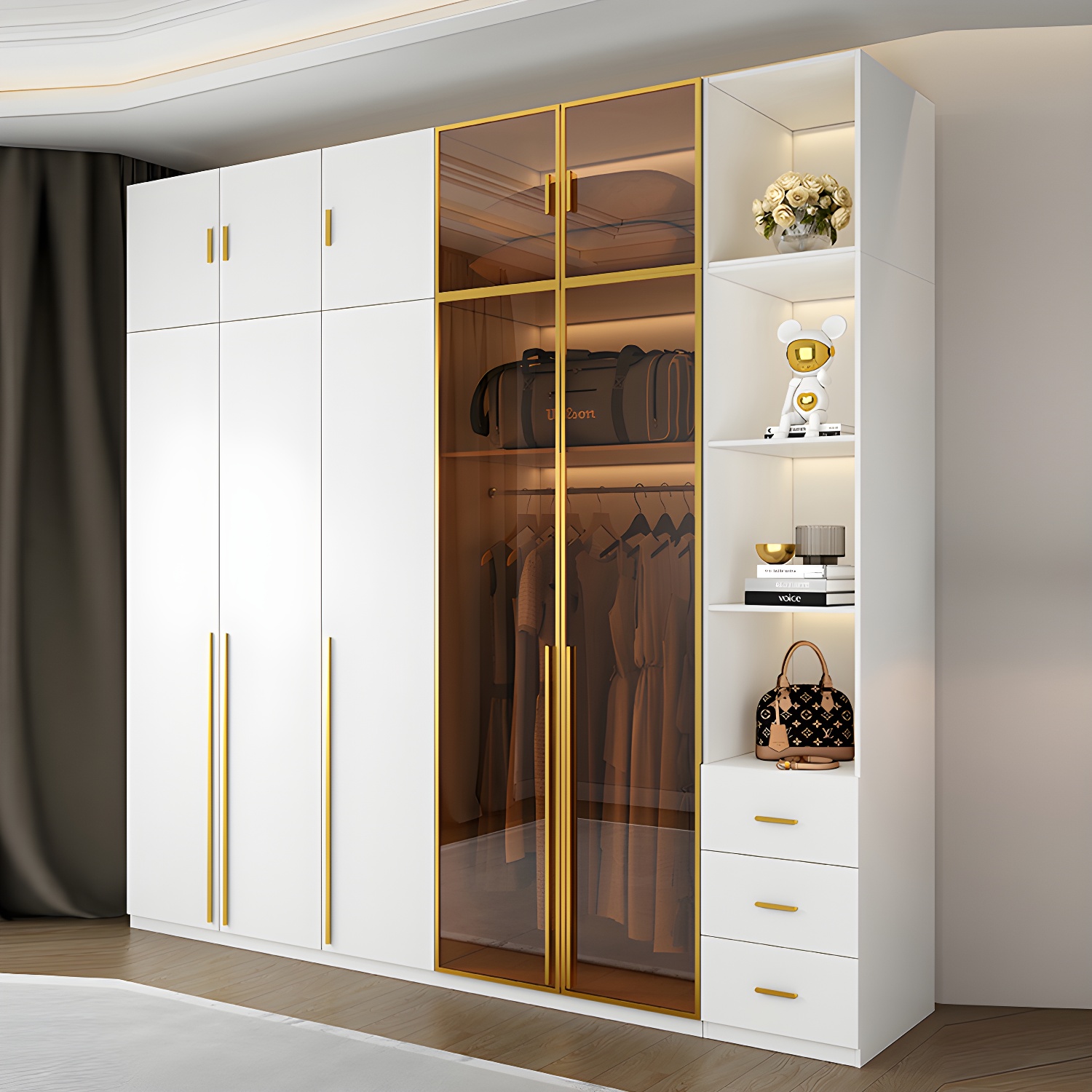 Modern White Wood Frame Wardrobe Armoire Freestanding Wardrobe with Soft Close Drawers