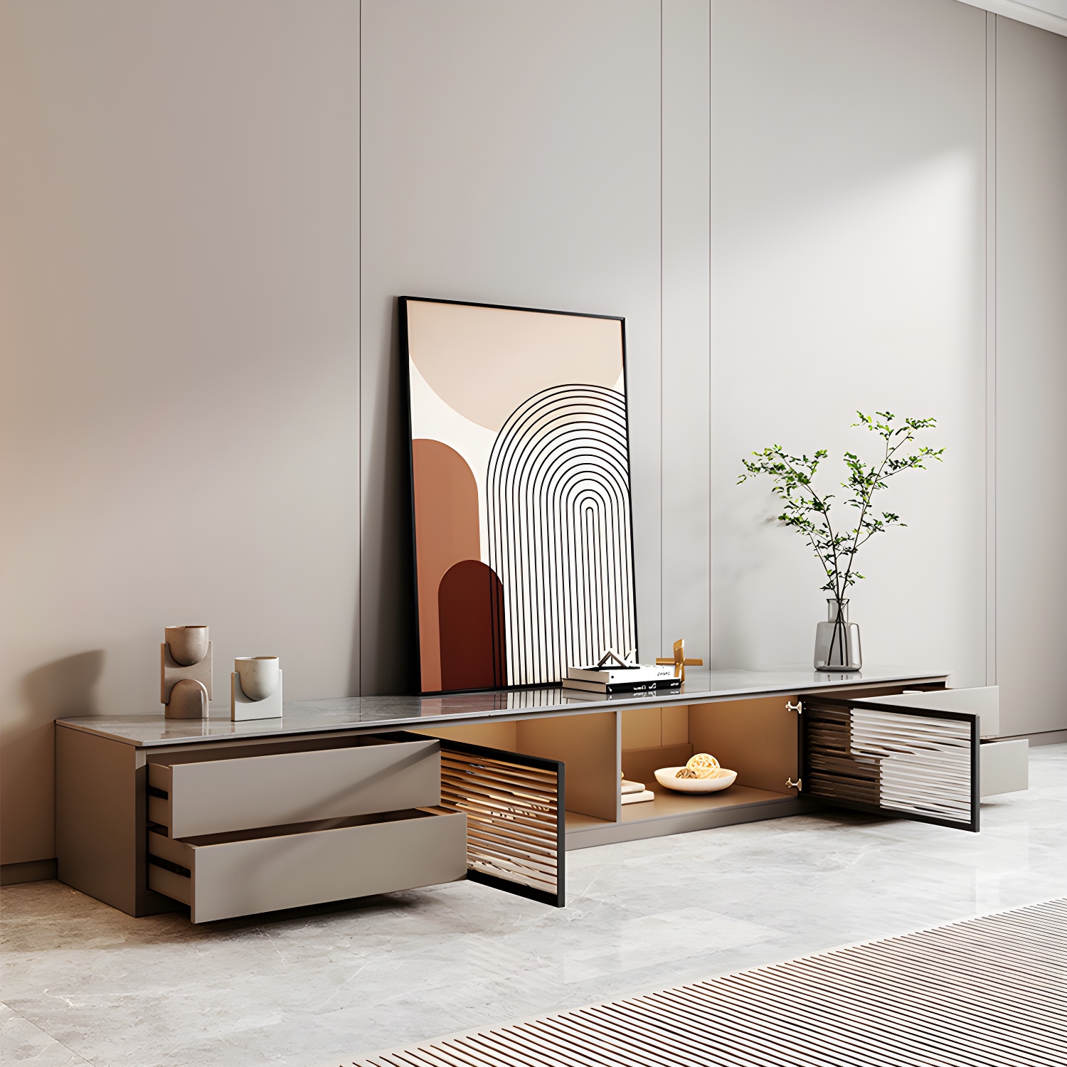 Champagne Stone TV Stand with Drawers and Cabinet for Modern Style and Cable Management - image 3