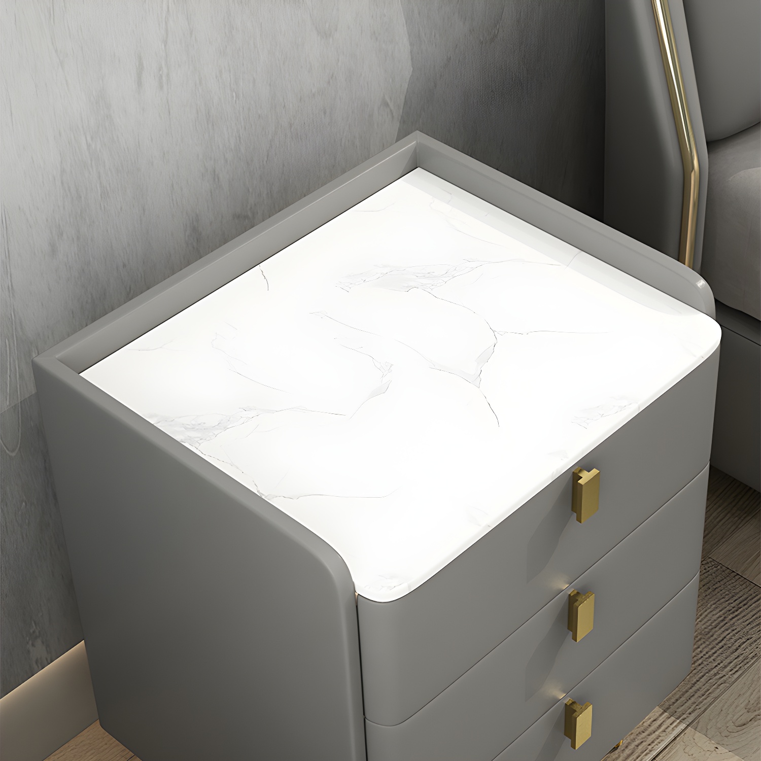 Faux Leather Nightstand Modern 3 - Drawer Nightstand with Stone Top - image 14