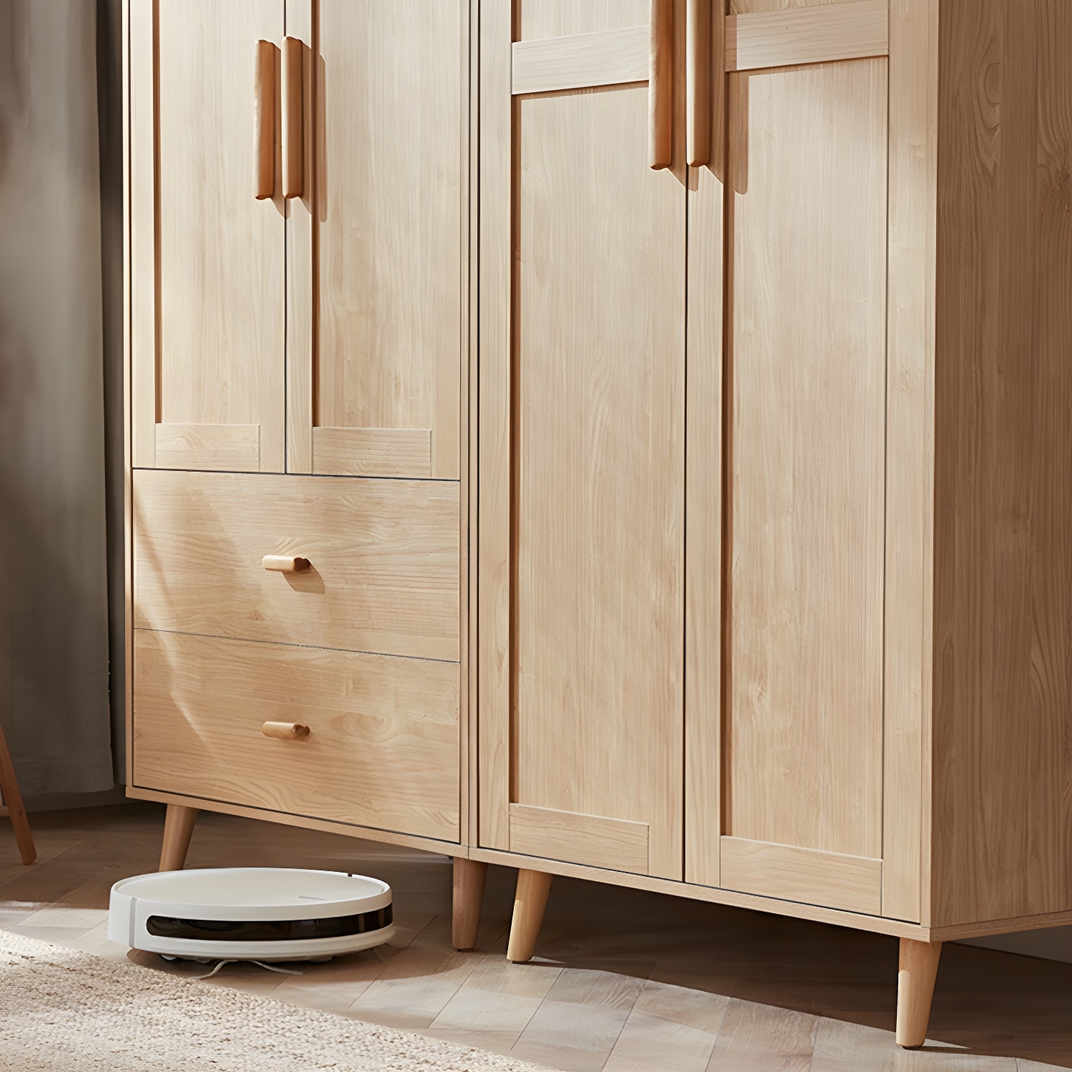 Modern Natural Wood Wardrobe Armoire with Clothing Rod, Shelves, and Soft-Close Drawers - image 9