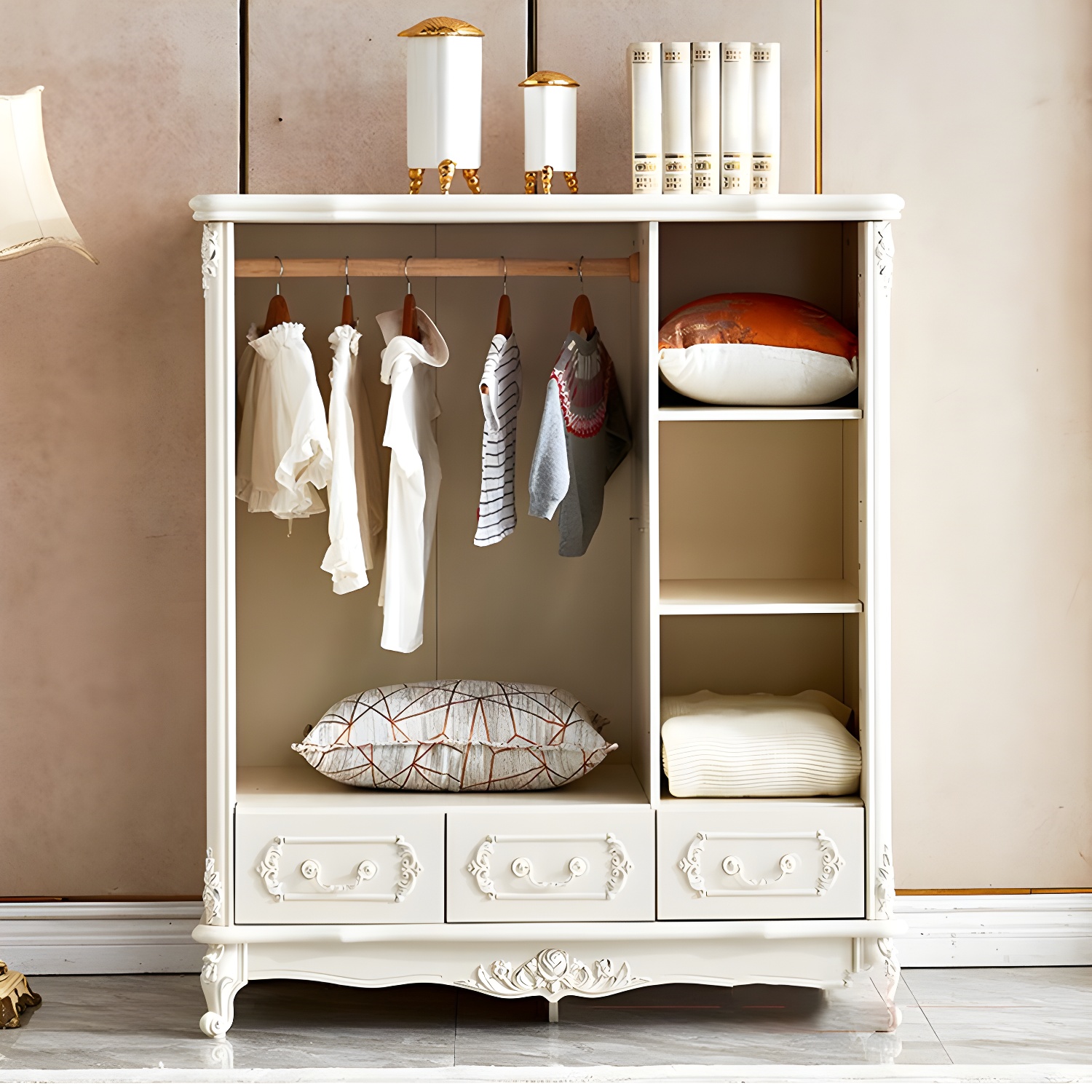 French Country white Wood Wardrobe Armoire with Soft-Close Drawers & Adjustable Shelves - image 4