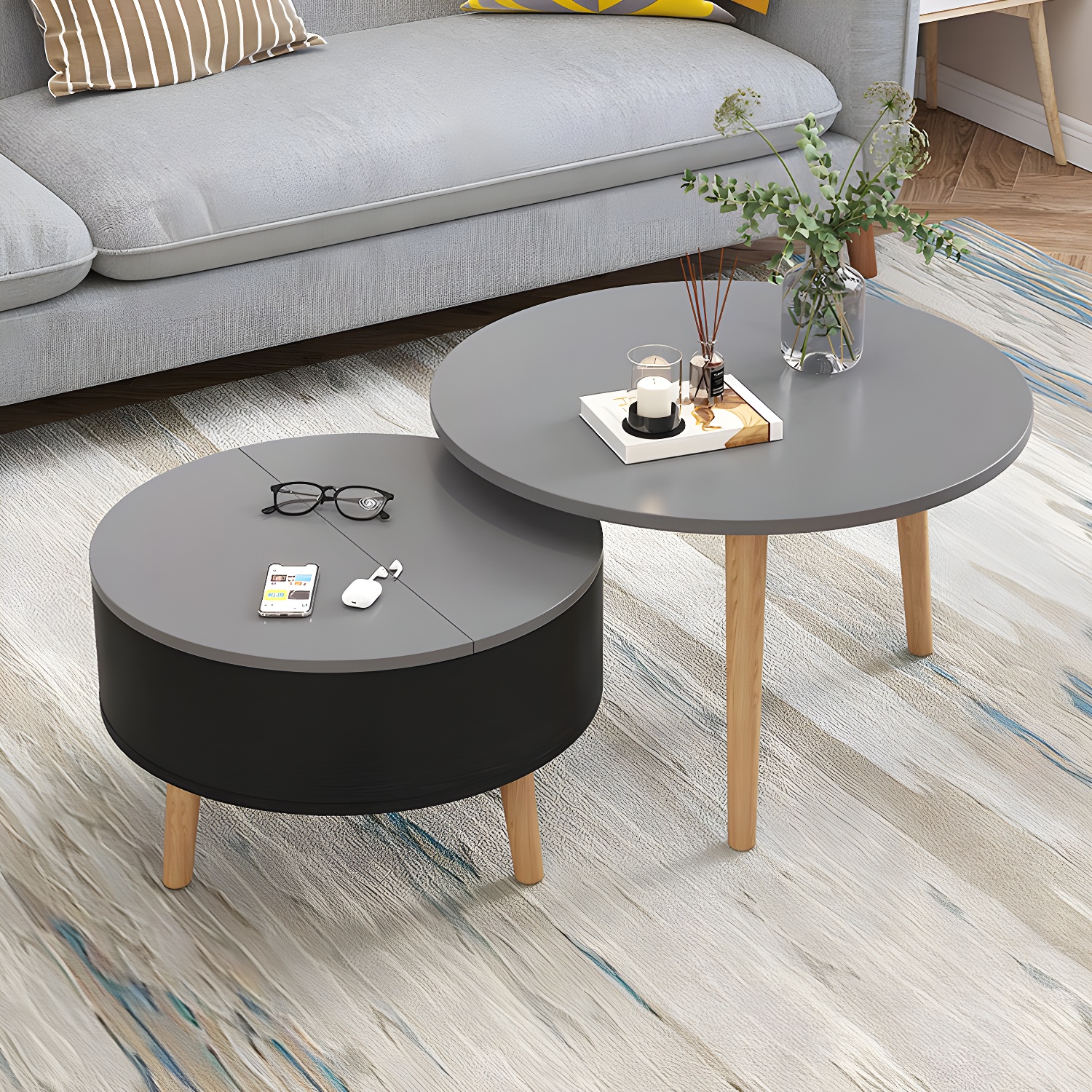 Round Solid Wood 3 Legs Coffee Table with Storage Drawers Modern Cocktail Table - image 4