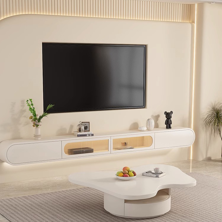 Beige Wood TV Stand with Drawers and Cabinet for Modern Style