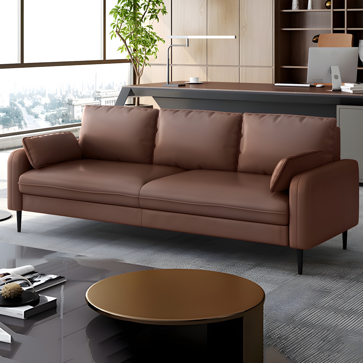 3-Seater Faux Leather Sofa Mid Century Loose Back Square Arm Settee