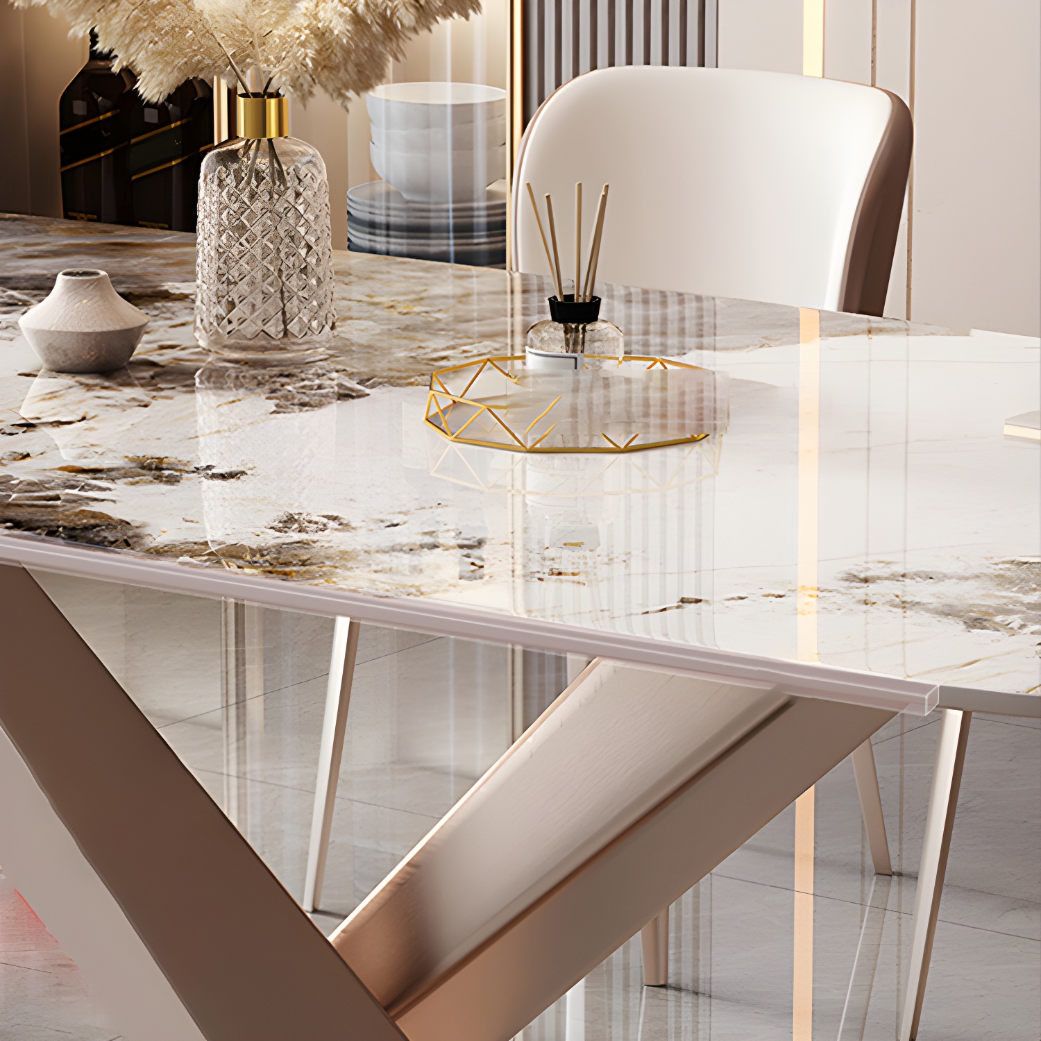 Modern Metal Dining Table in White with Pedestal Base and Violet Accents - image 7