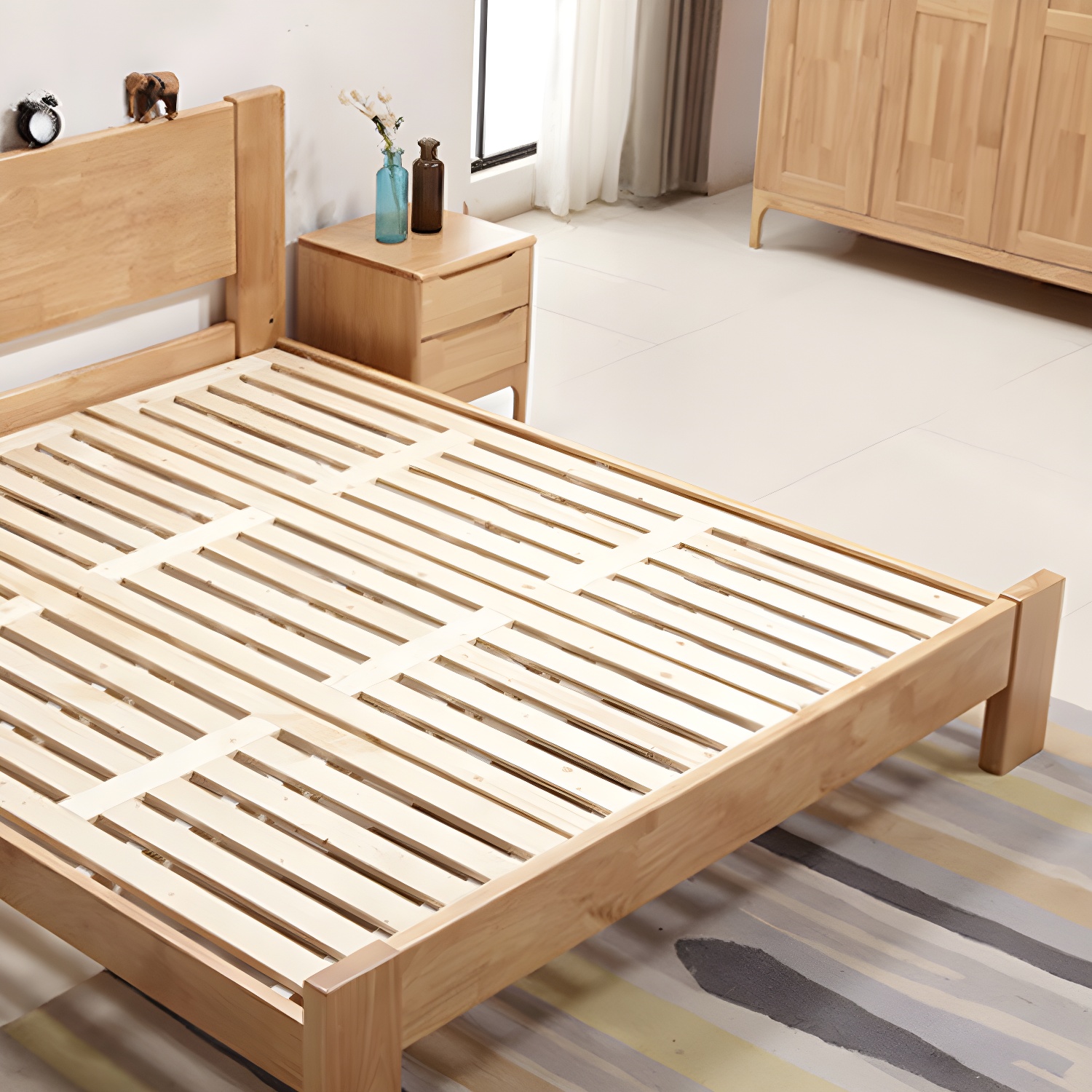 Modern Solid Color Panel Bed Rubberwood Standard Bed with Headboard - image 9