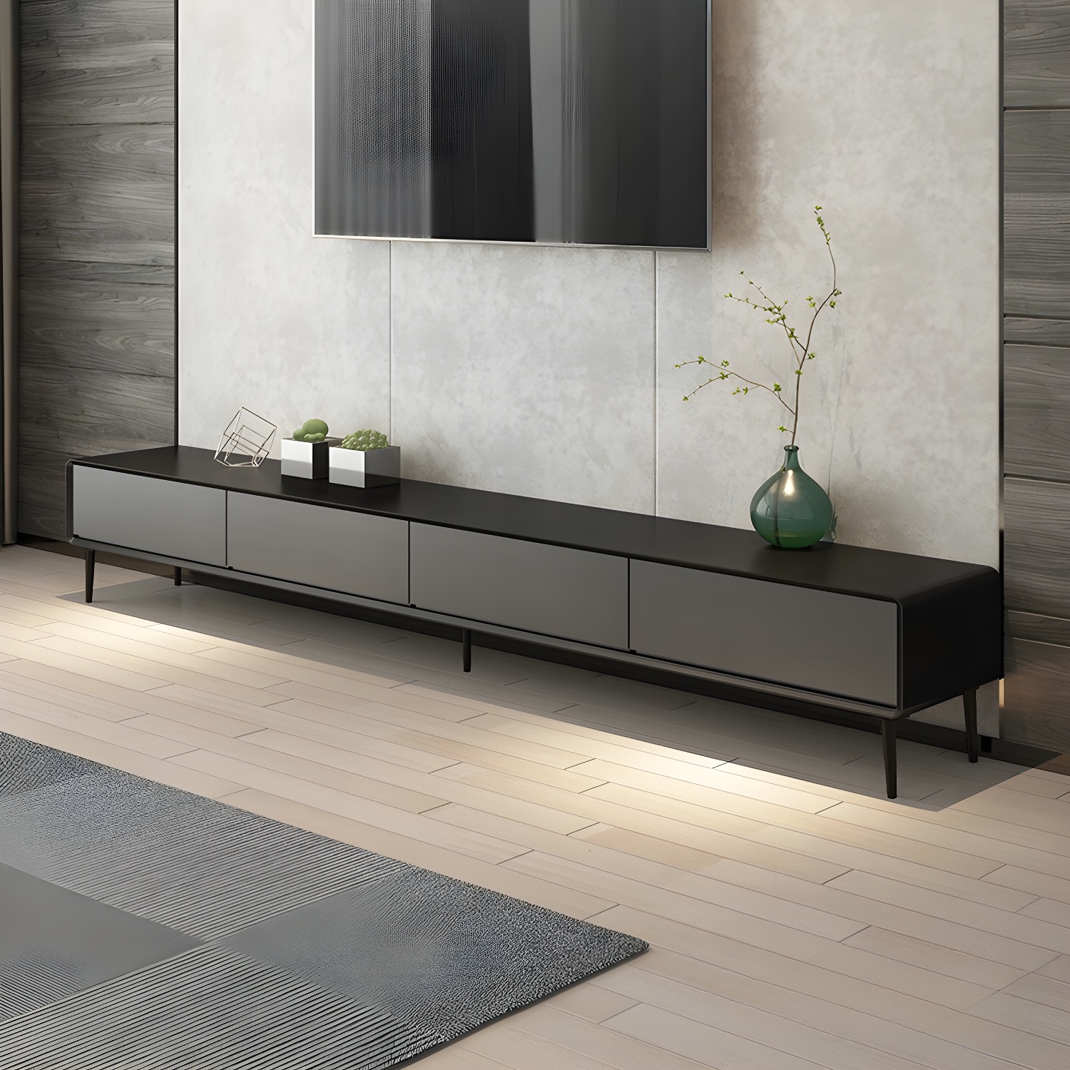 Modern Wooden Long and Low TV Stand with 4 Drawers, No Assembly Required, Dark Tone