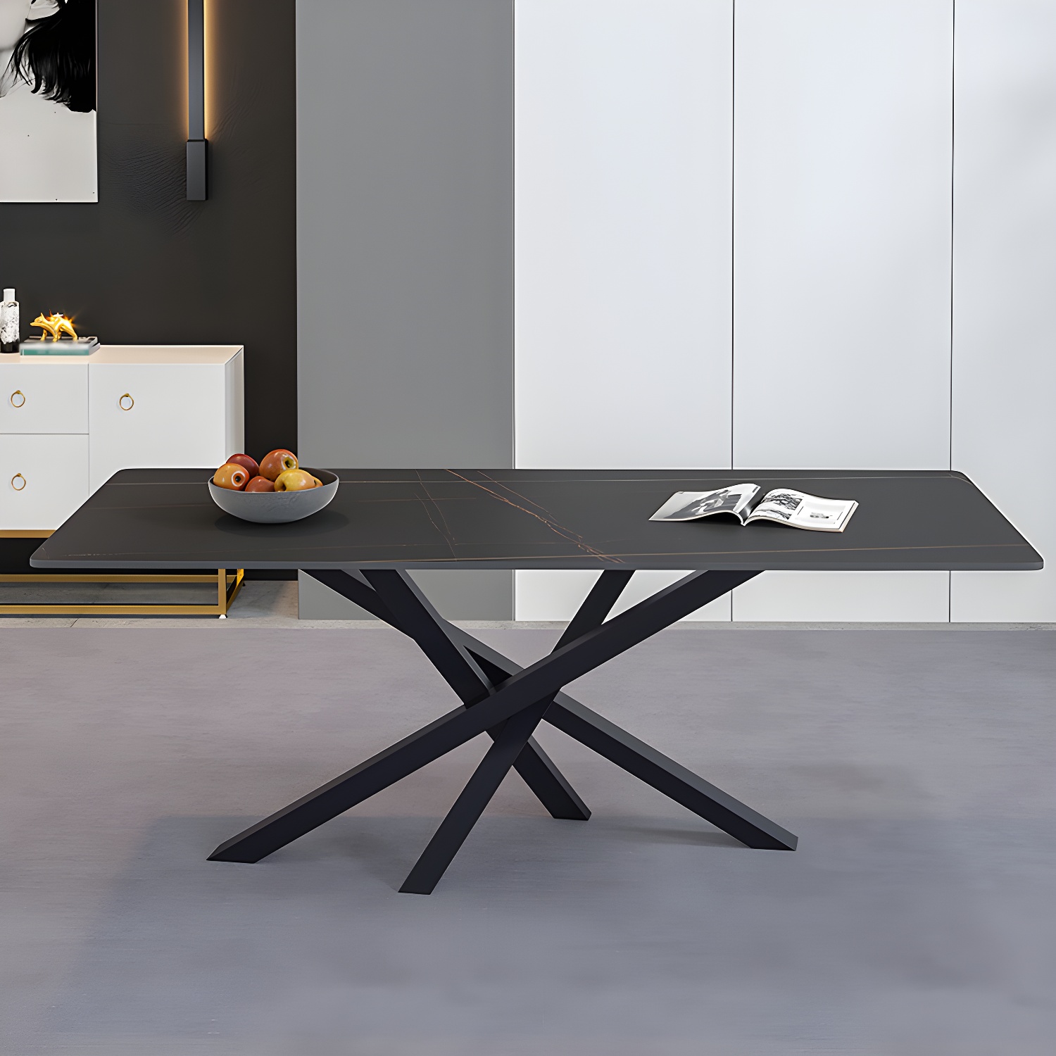Luxury Sintered Stone Top Dining Table Rectangle Table with Metal Pedestal