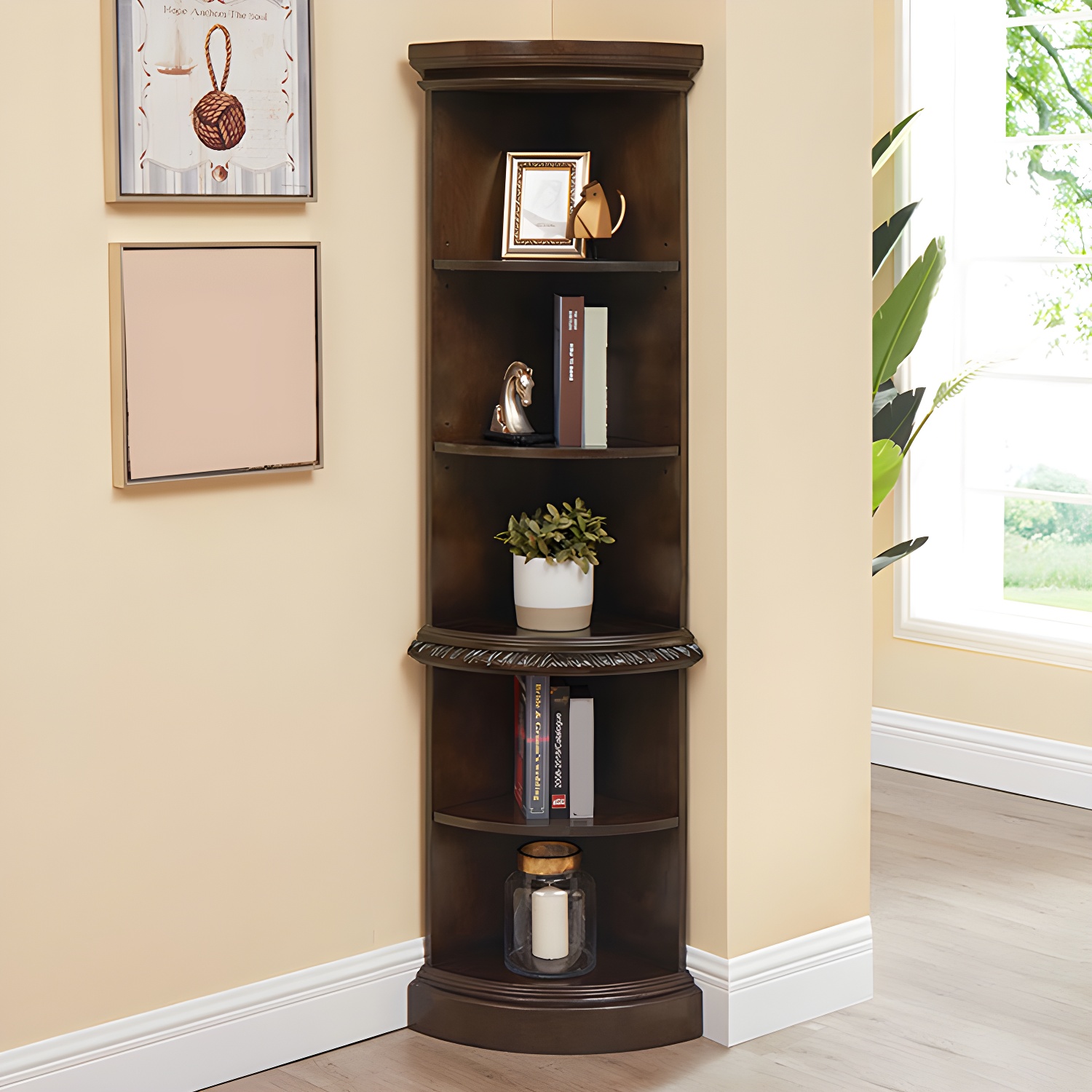 Solid Wood Triangle Corner Cabinet in Rubber Wood with Storage Shelves - image 4