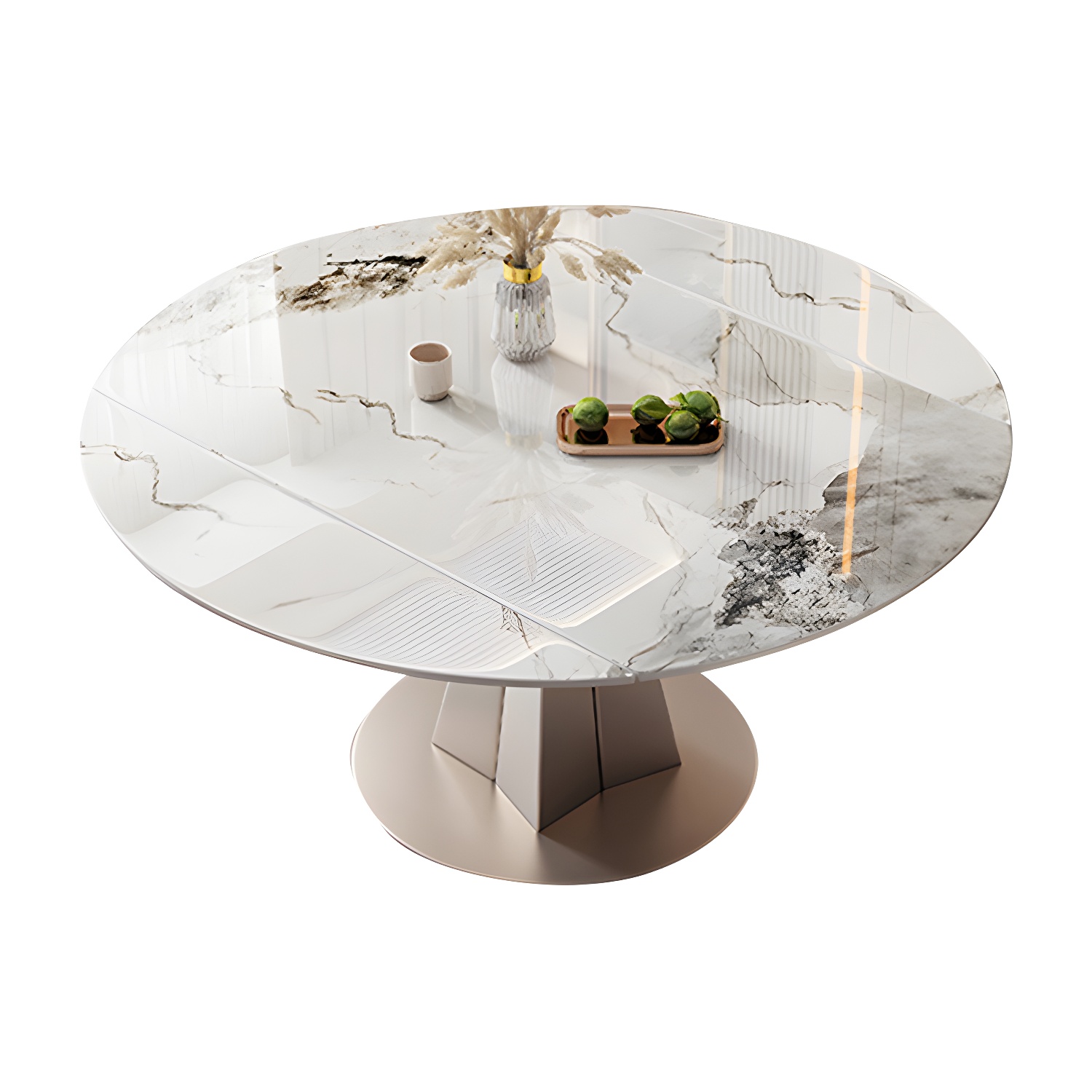 Round Metal Dining Set in White with Gold Pedestal Base and Self-Storing Leaf - 5 Piece Set