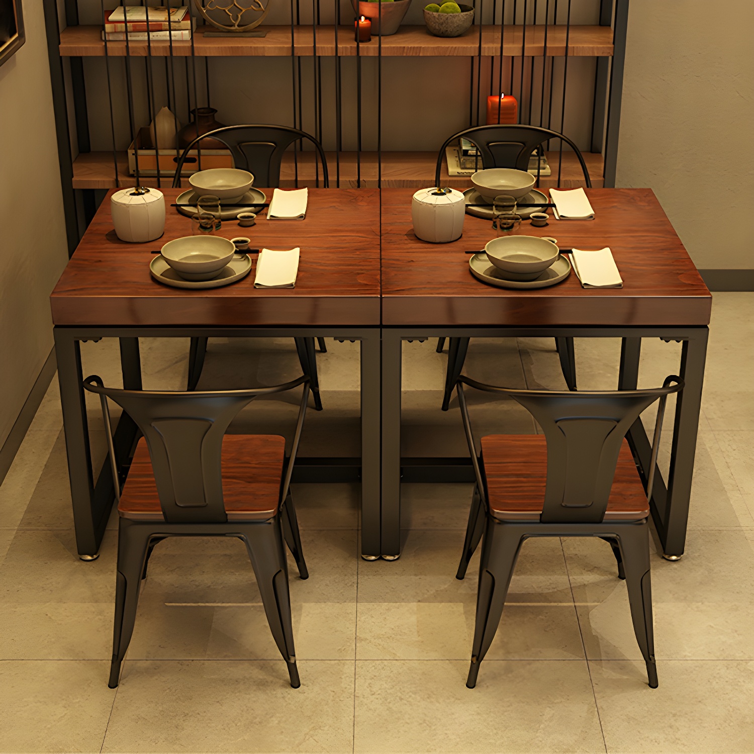 Solid Wood Top Dining Table Industrial Square Black Iron Trestle Base Table - image 11