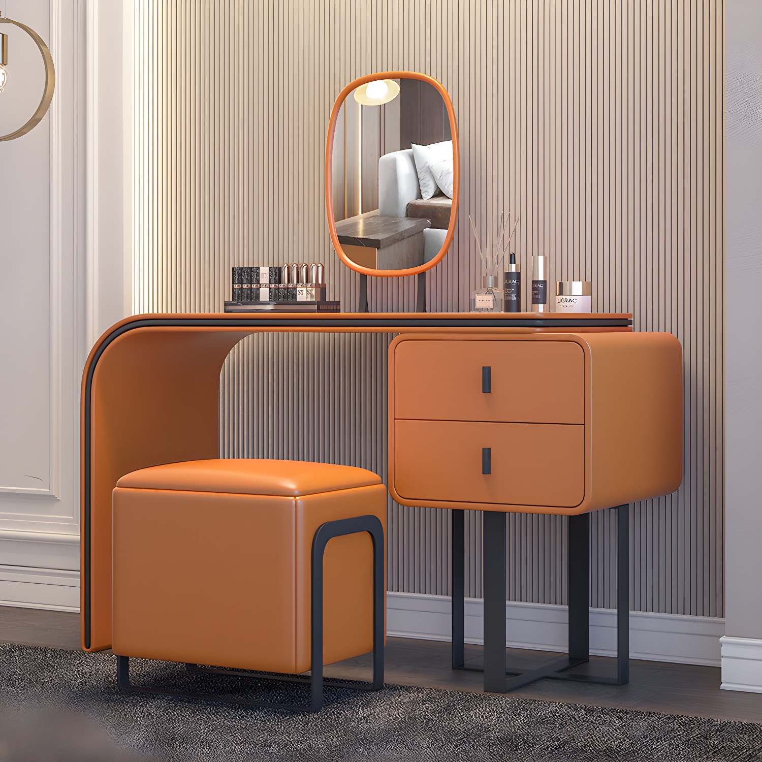 Glam Vanity Set With Drawer Leather Mirror Bedroom Make-up Vanity - image 3
