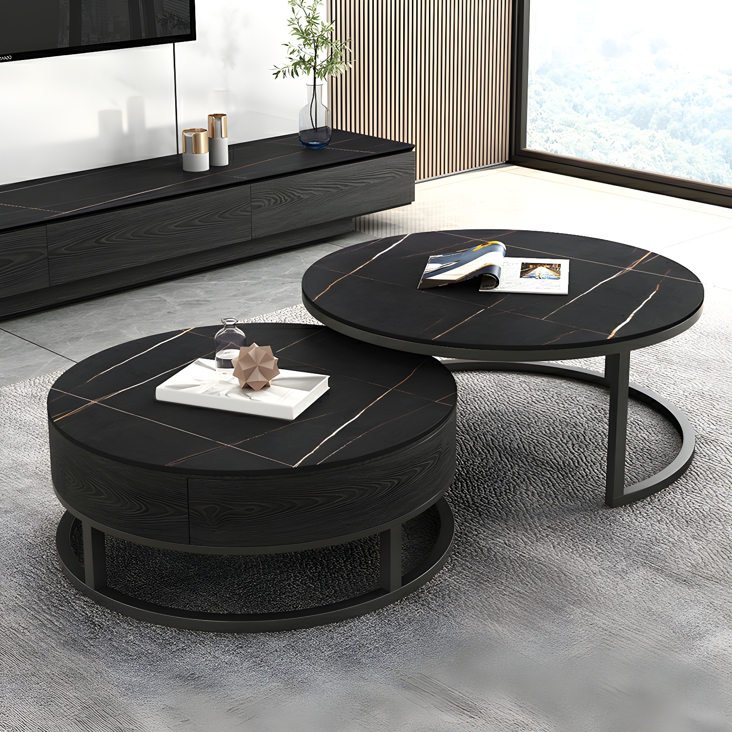 Set of 2 Round Stone Top Modern Nesting Tables with Black Metal Frames and Drawers Included - image 8