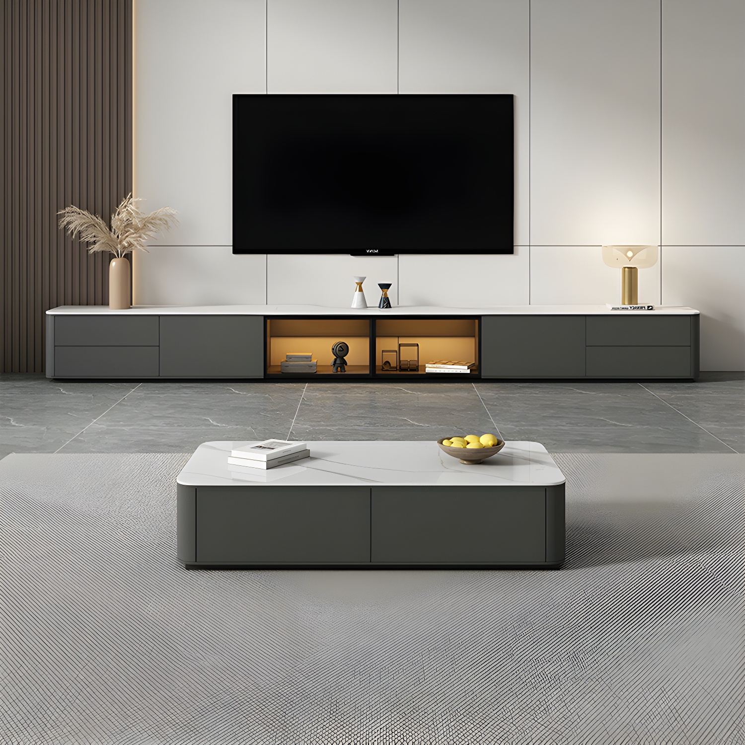 Grey Stone TV Stand with Drawers and Cabinet and No Cable Management for Modern-Style Long TVs - image 10