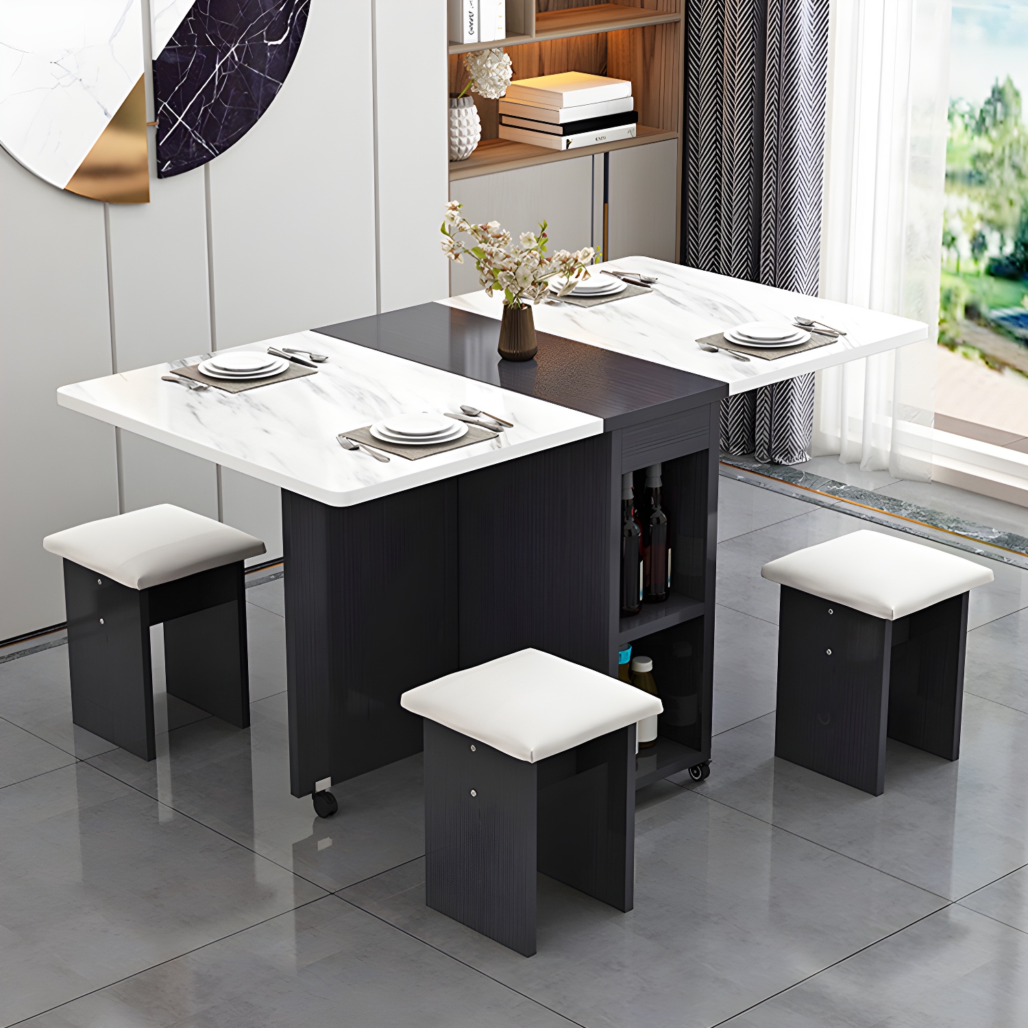 5-Piece Modern Wood Dining Set with Rectangle Table and White Backless Stools - image 7