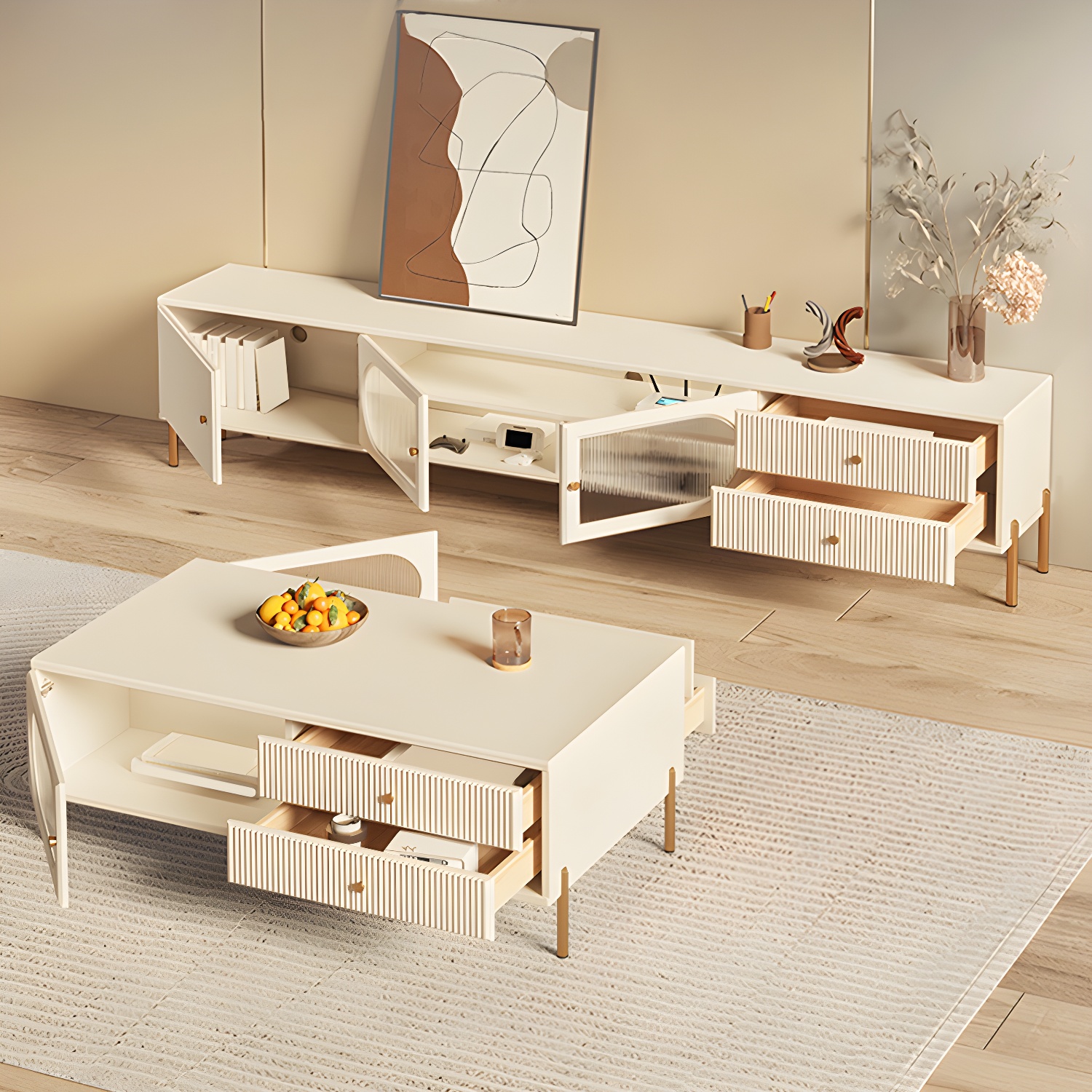 White Cable Management TV Console Modern Engineered Wood Media Console