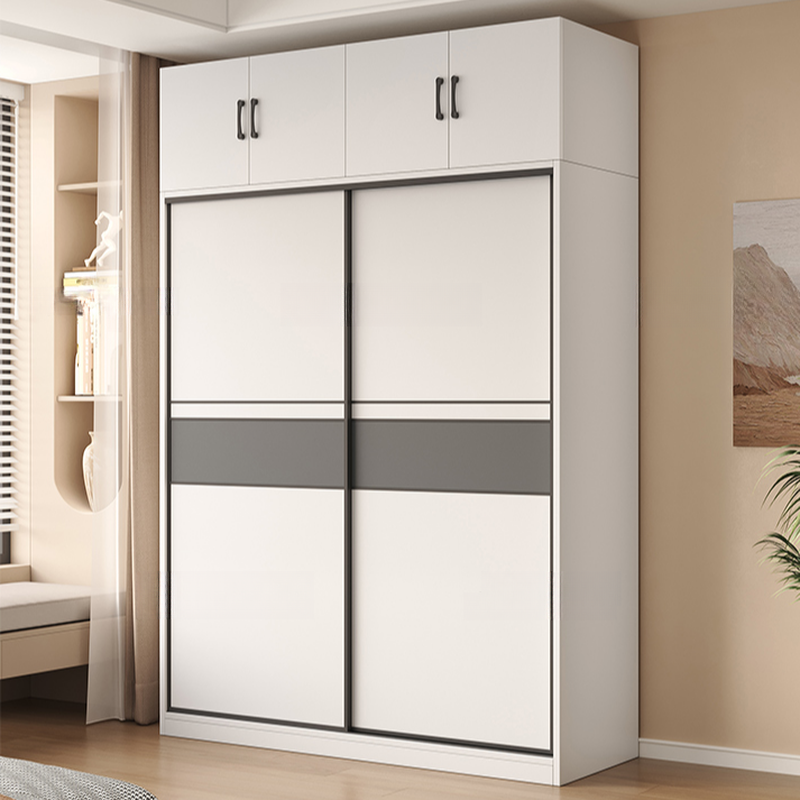 White Minimalist Manufactured Wood Wardrobe Closet with Interior Shelves and Clothing Rod