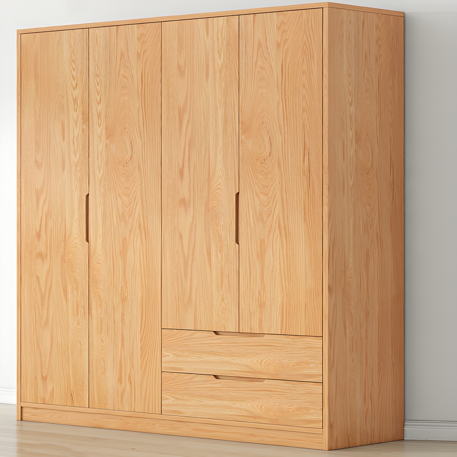 Modern Natural Wood Wardrobe Armoire with Sliding Doors, Drawers, and Shelves