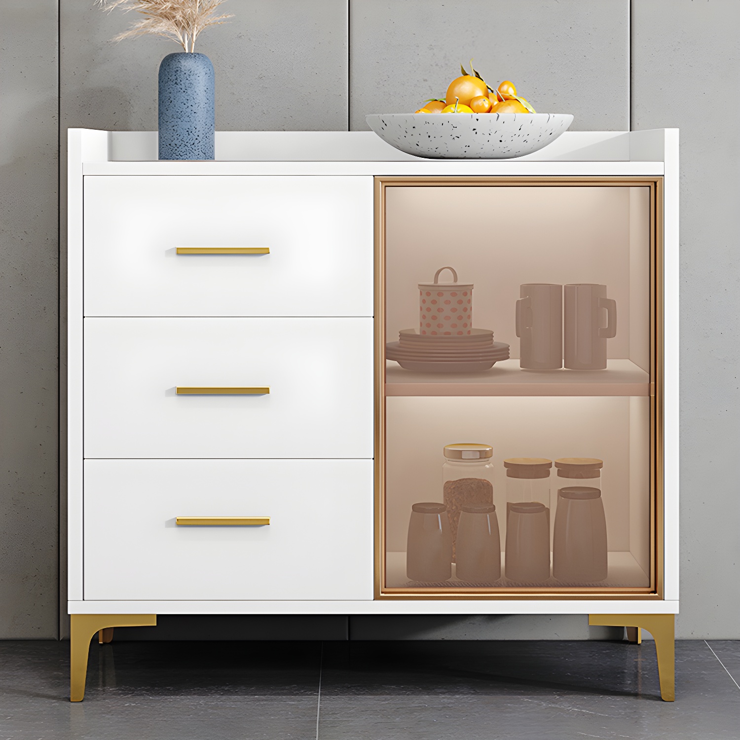 Wood Buffet Table Glam Style Side Board with Cabinets and Drawers