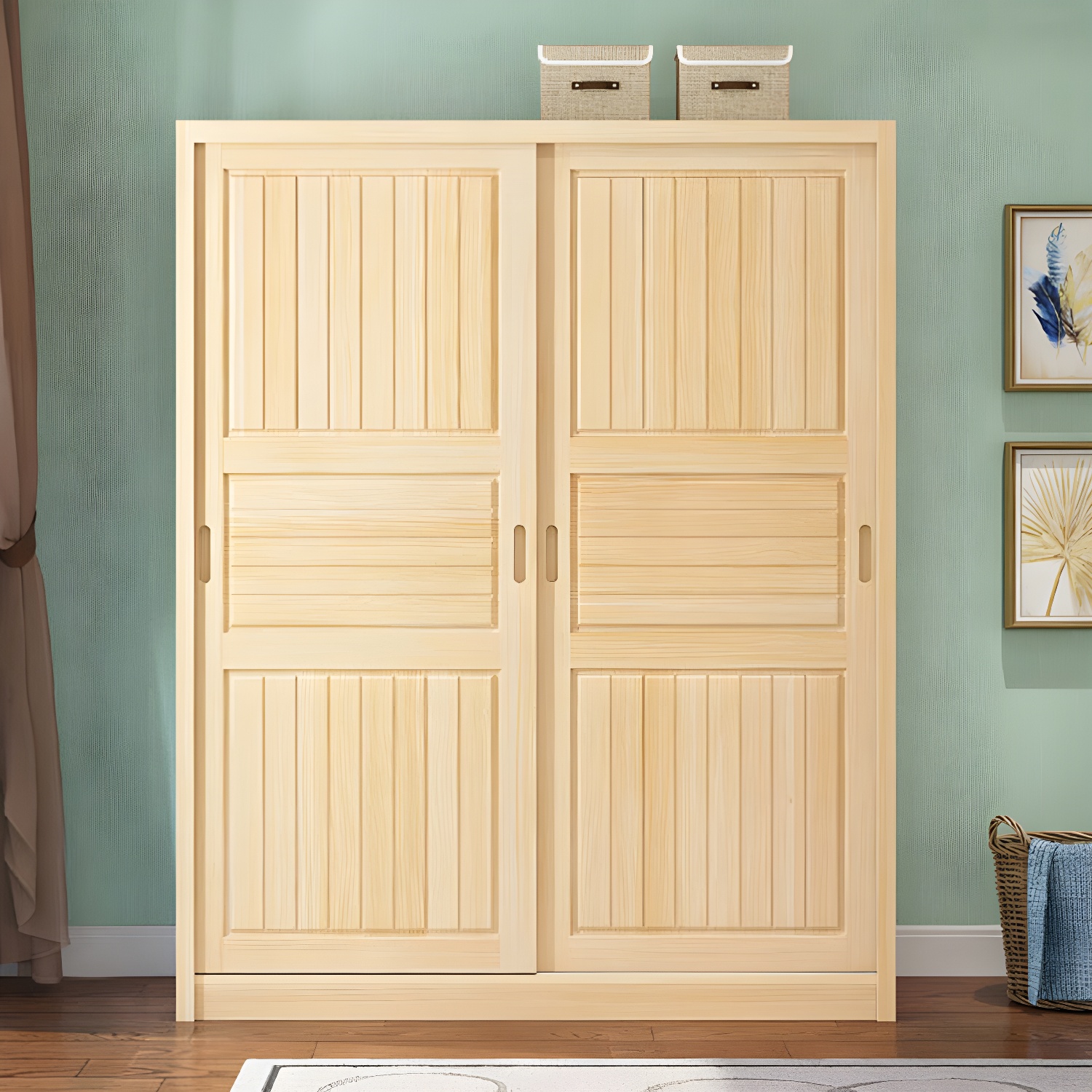 Contemporary Solid Wood Sliding Door Wardrobe Cabinet with Shelves - image 12