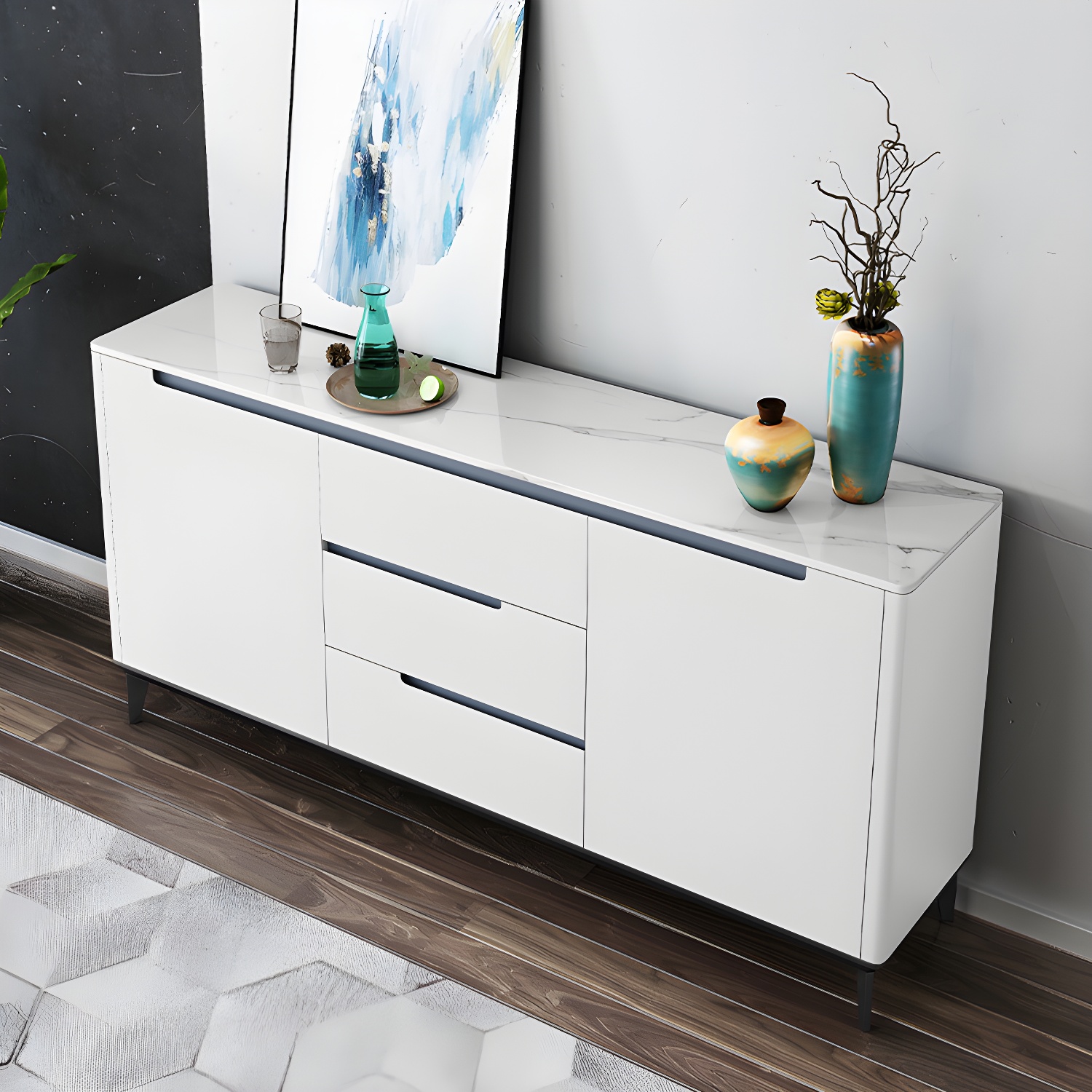 Modern Antique Finish Credenza 3 Drawer Sintered Stone Sideboard Cabinet - image 4