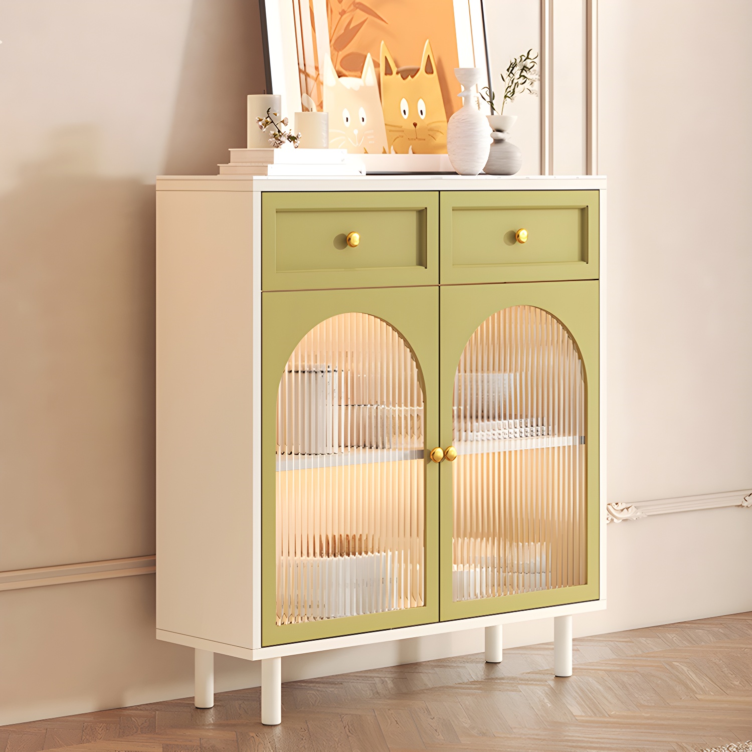 Wooden Buffet Server with Stone Countertop, Glass Doors, and Drawers
