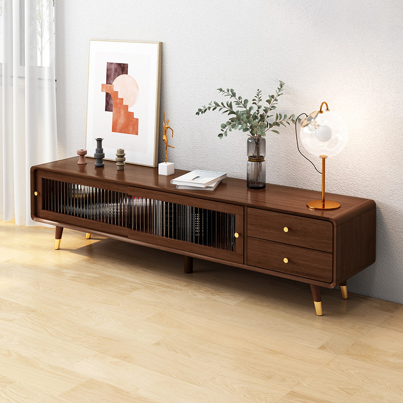Scandinavian Style Low Height Wood TV Stand With 2 Drawers and Cabinet, Size 15.7'' x 17.7''