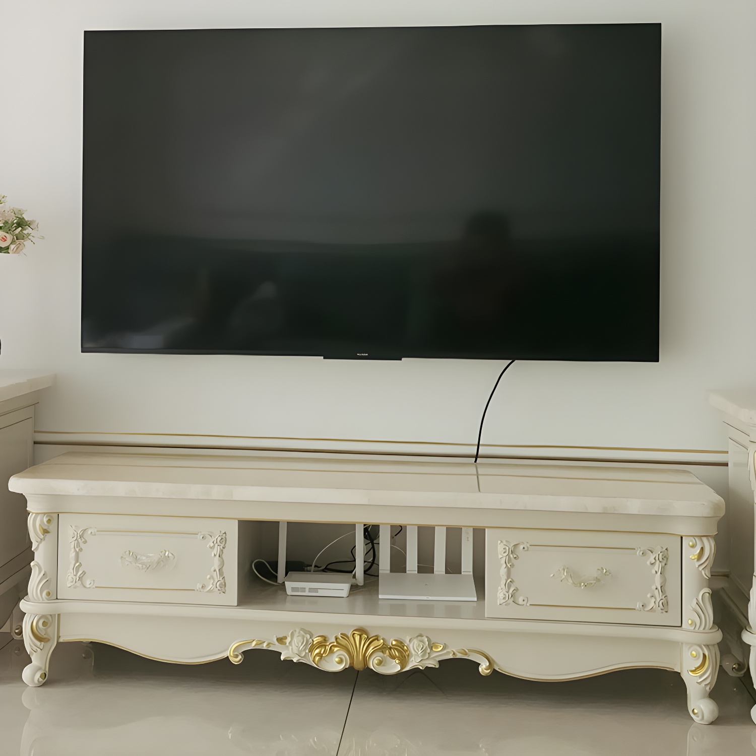 Traditional Marble Top TV Cabinet Solid Wood Crafted TV Stand for Living Room - image 5