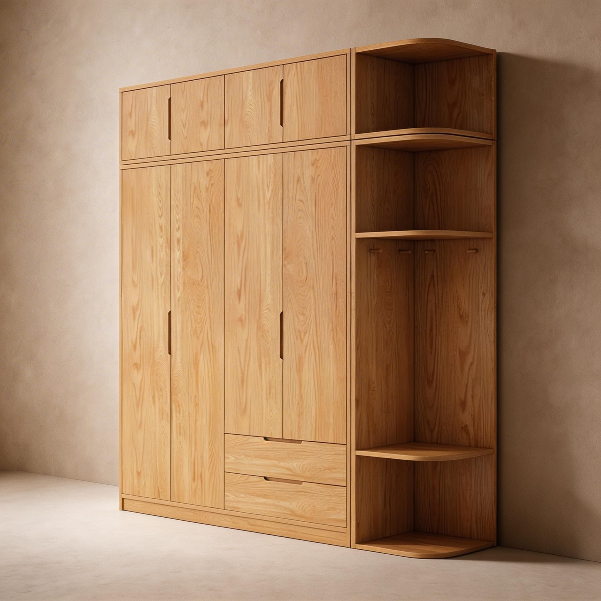 Modern Natural Wood Wardrobe Armoire with Sliding Doors, Drawers, and Shelves - image 97