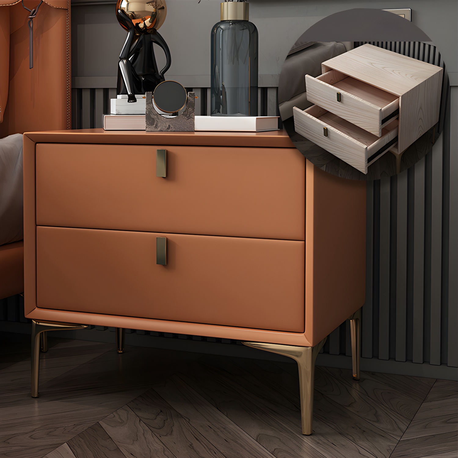 2 Drawer Solid Wood Modern Night Table Drawer Storage Bed Nightstand - image 12