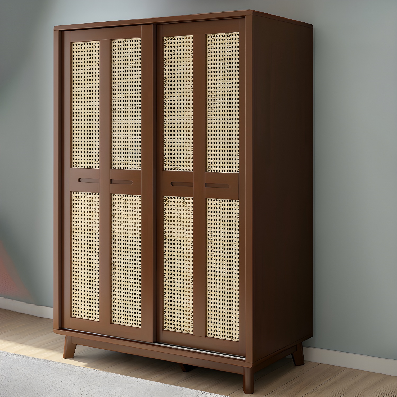 Scandinavian Wood Rattan Cabinet Doors Wardrobe with Clothing Rod and Four Feet