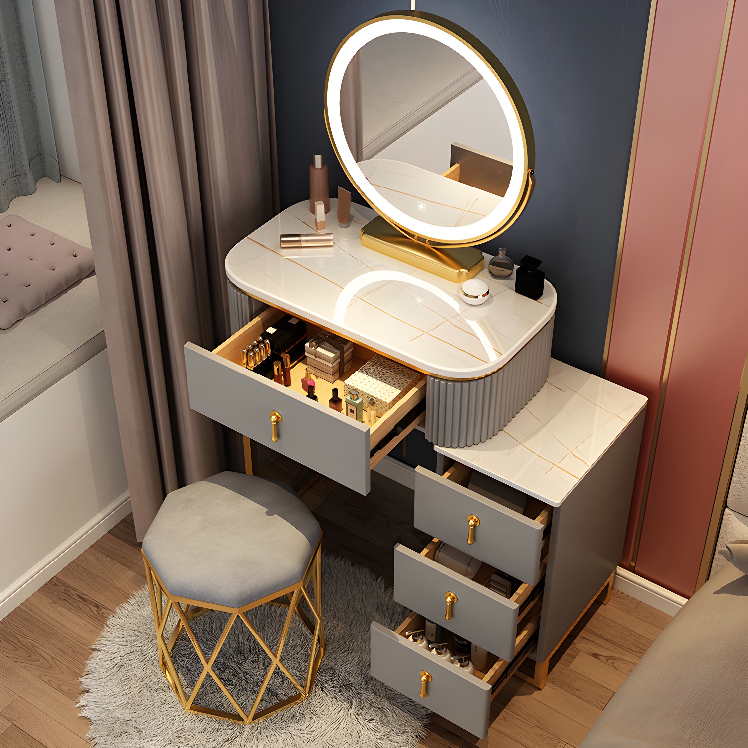 Lighted Mirror Makeup Vanity Desk with 4 Drawers Glam Makeup Vanity Set - image 6