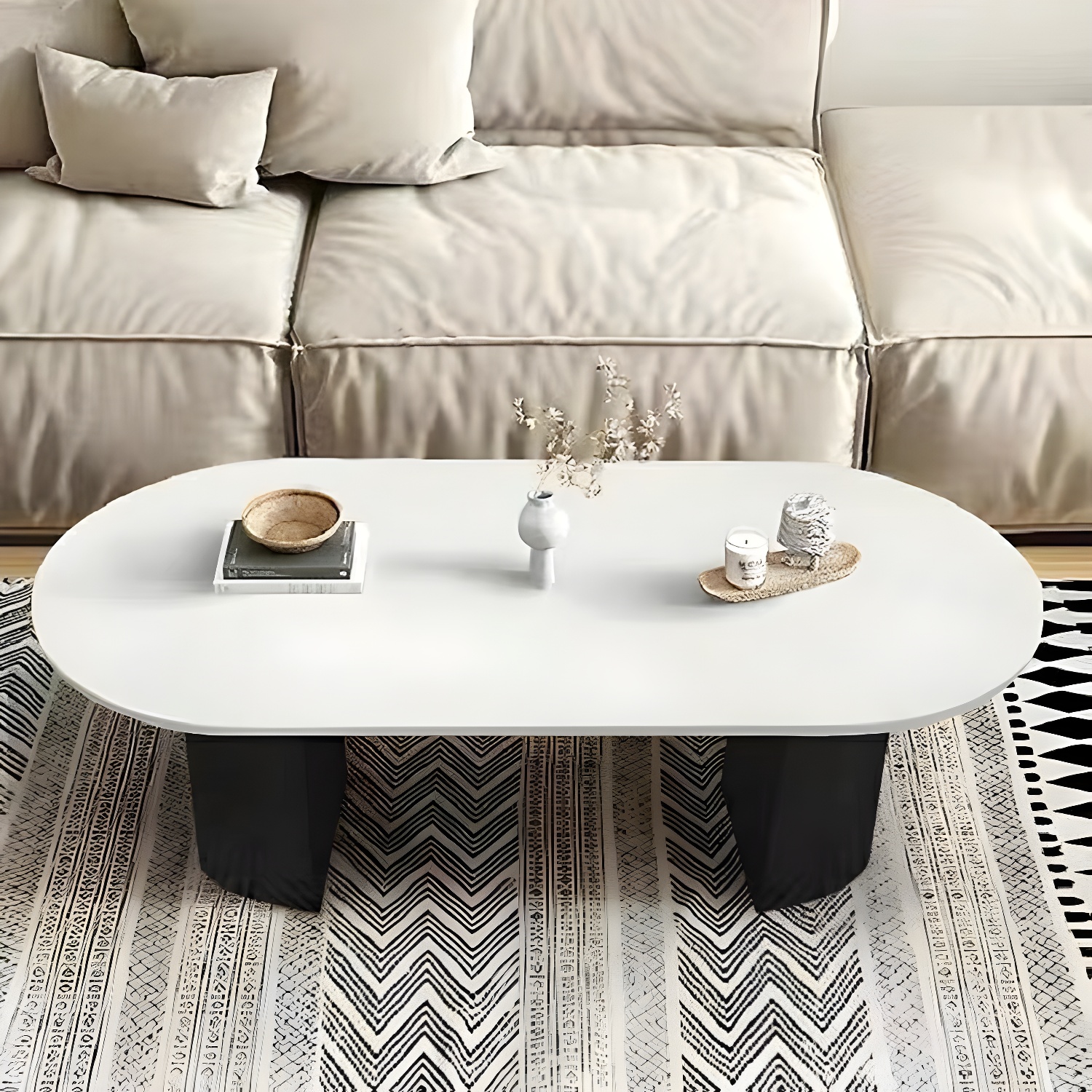 Modern Oval Stone Coffee Table with Double Pedestal Base for Living Room - image 4