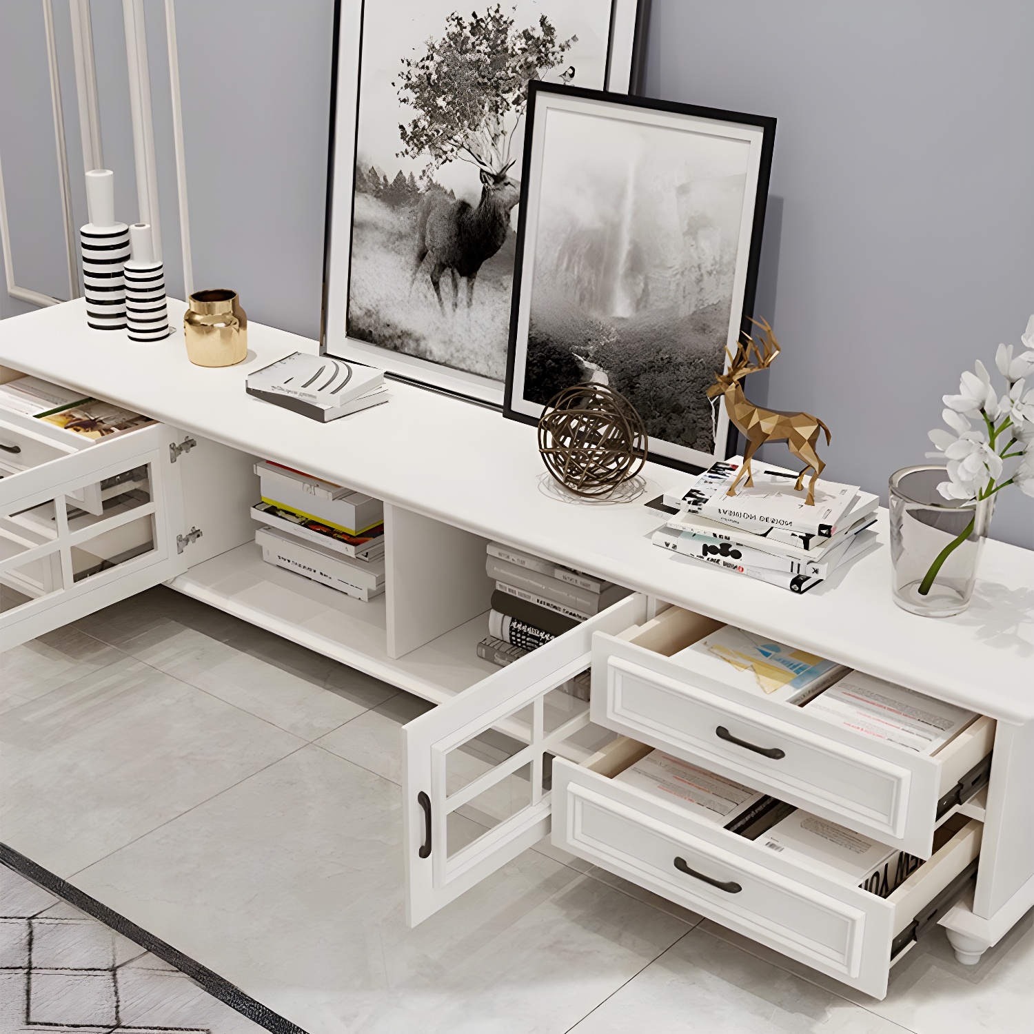 Modern Wood TV Stand with Drawers, Shelves, and Legs - Low Height - Cable Management - image 10