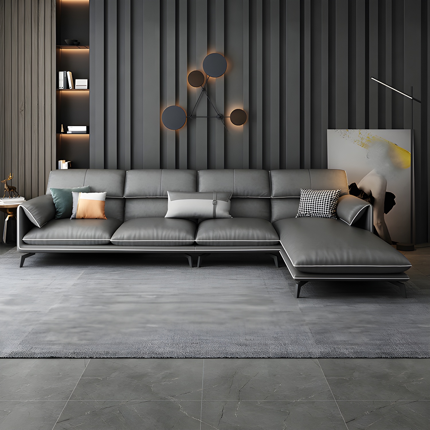 Modern Gray Stationary Sectional Sofa with Wood Frame and Pillow Top Arm