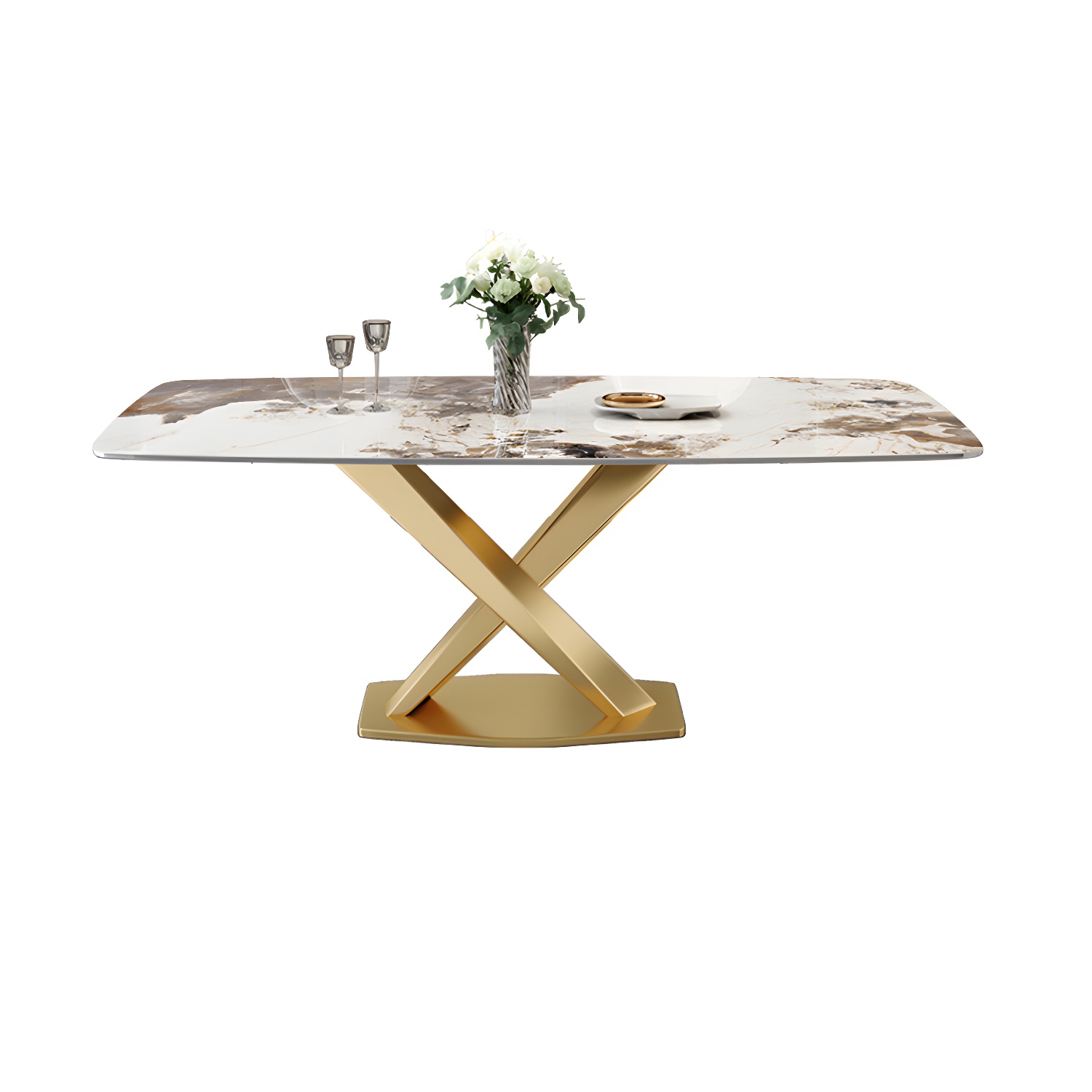 Glam Metal Dining Set in Beige with Gold Pedestal Base and Slate Tabletop - 1/5/7 Piece Set - image 2