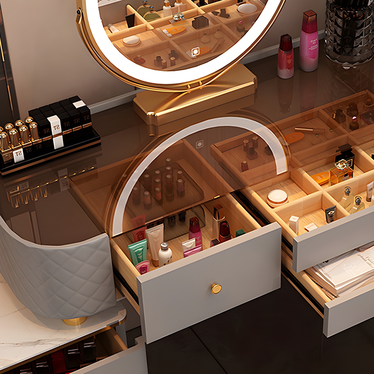 Lighted Mirror & Jewelry Makeup Vanity Metal Dressing Table Stool Set - image 12