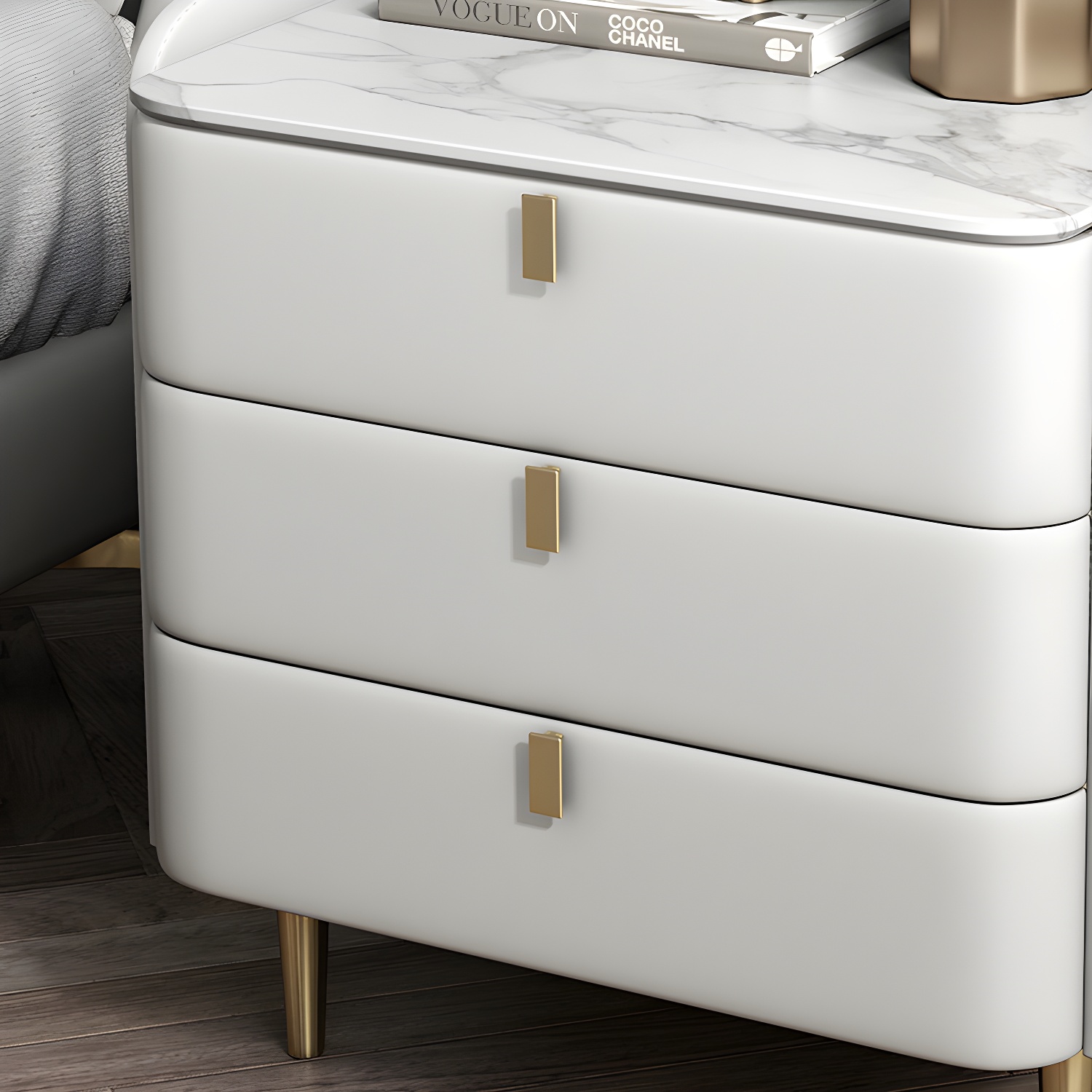 Stone Top Nightstand 3-drawer Leather Night Table with 4 Legs - image 15